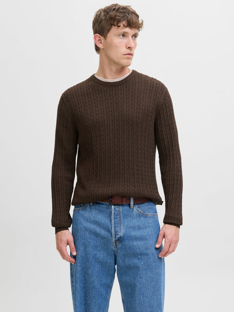 JACK & JONES JJEEMIL knit cable crew neck in mulch twist