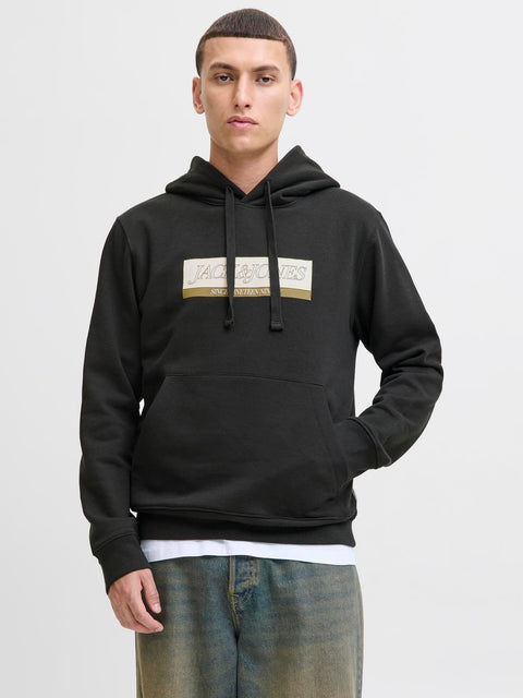 JACK & JONES JORINWOOD block branding sweat hood in black