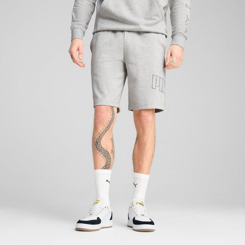 PUMA essentials logo lab execution 10" shorts in light gray heather