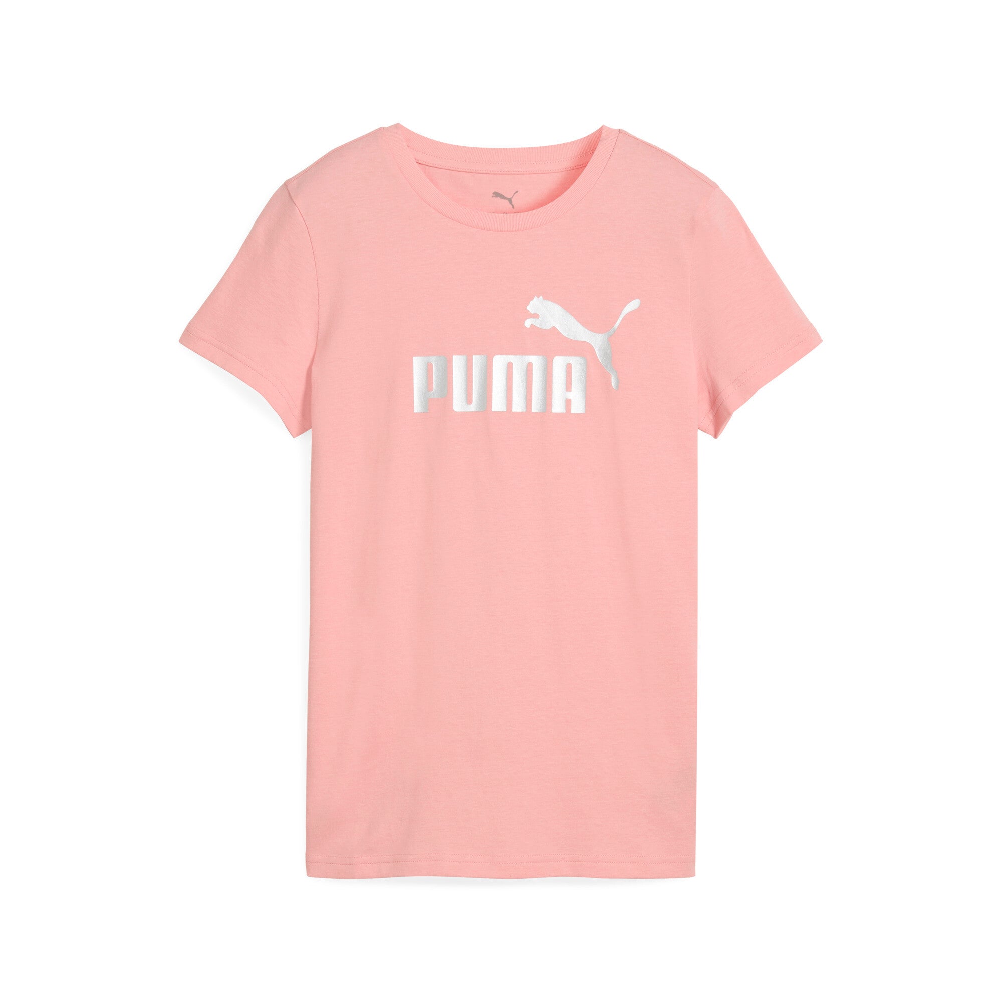Puma ESS metallic no. 1 logo tee in pink fruit and metallic silver - Front View