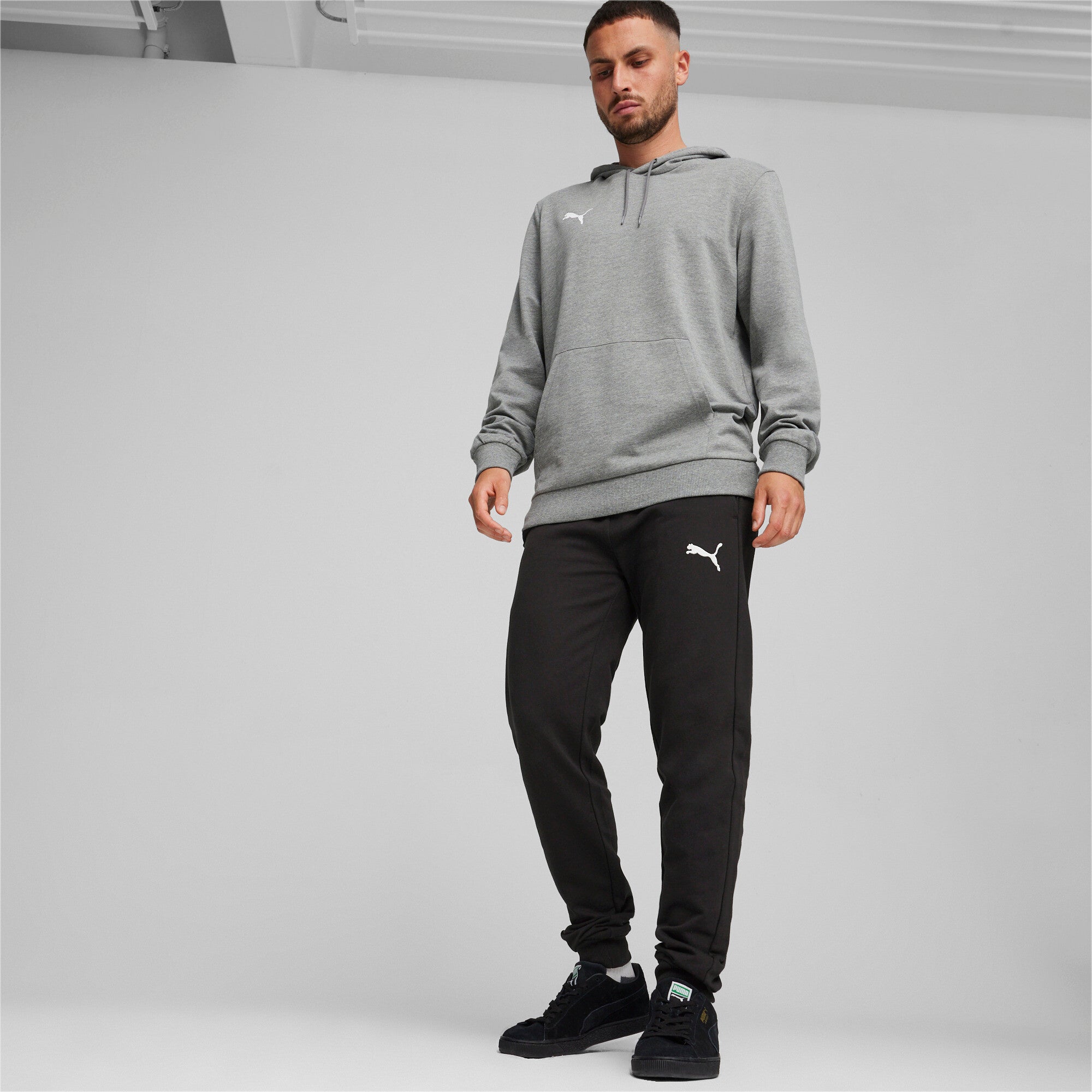 Puma teamGOAL casuals football hoodie in medium gray heather and white - Model Shot 03