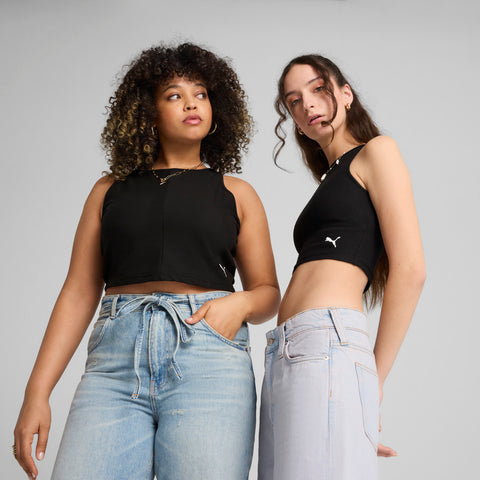 PUMA wardrobe essentials ribbed crop top in black