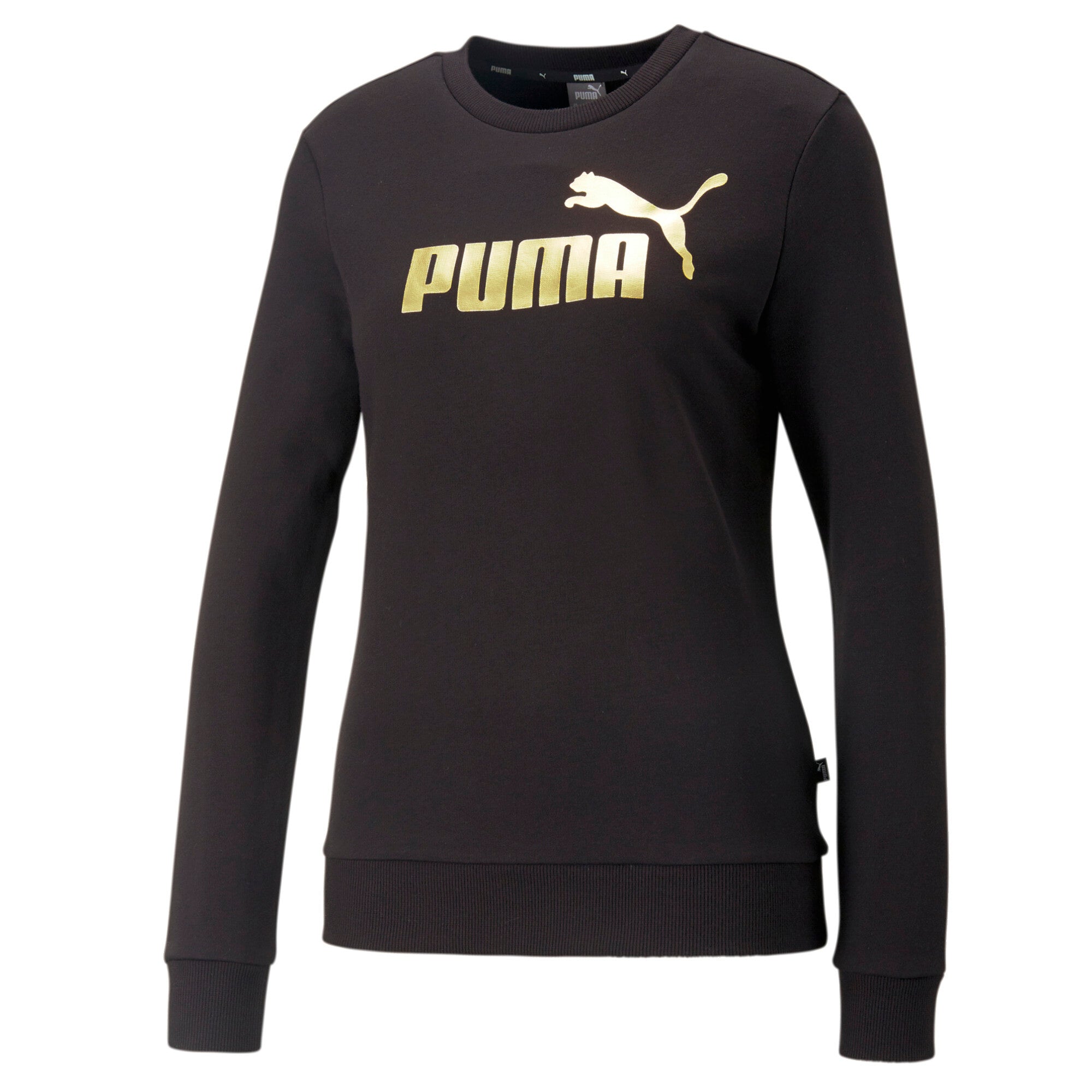 Puma essentials+ metallic logo crew neck sweatshirt women in black - Front View