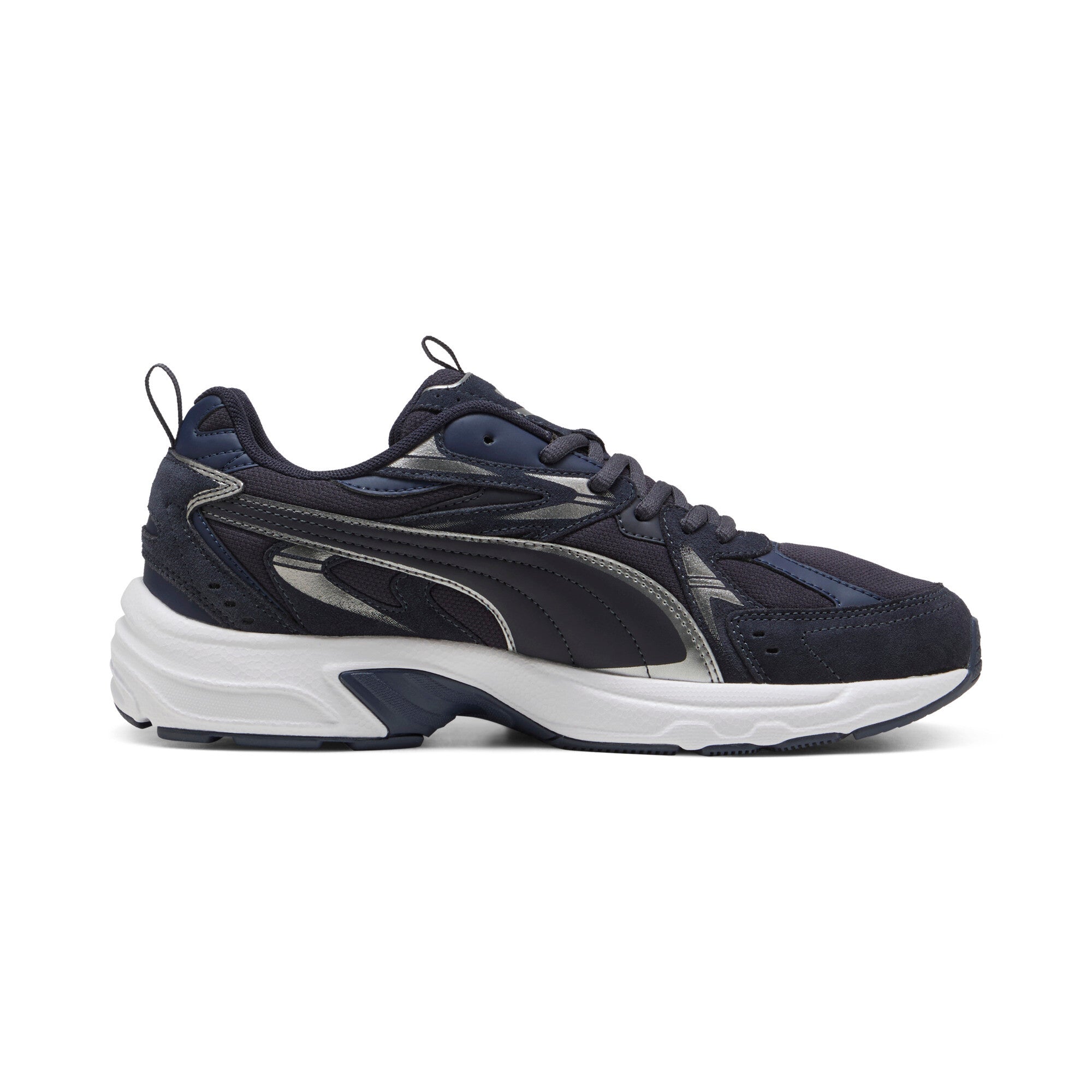 Puma milenio tech suede sneakers in new navy and aged silver - Side View 03