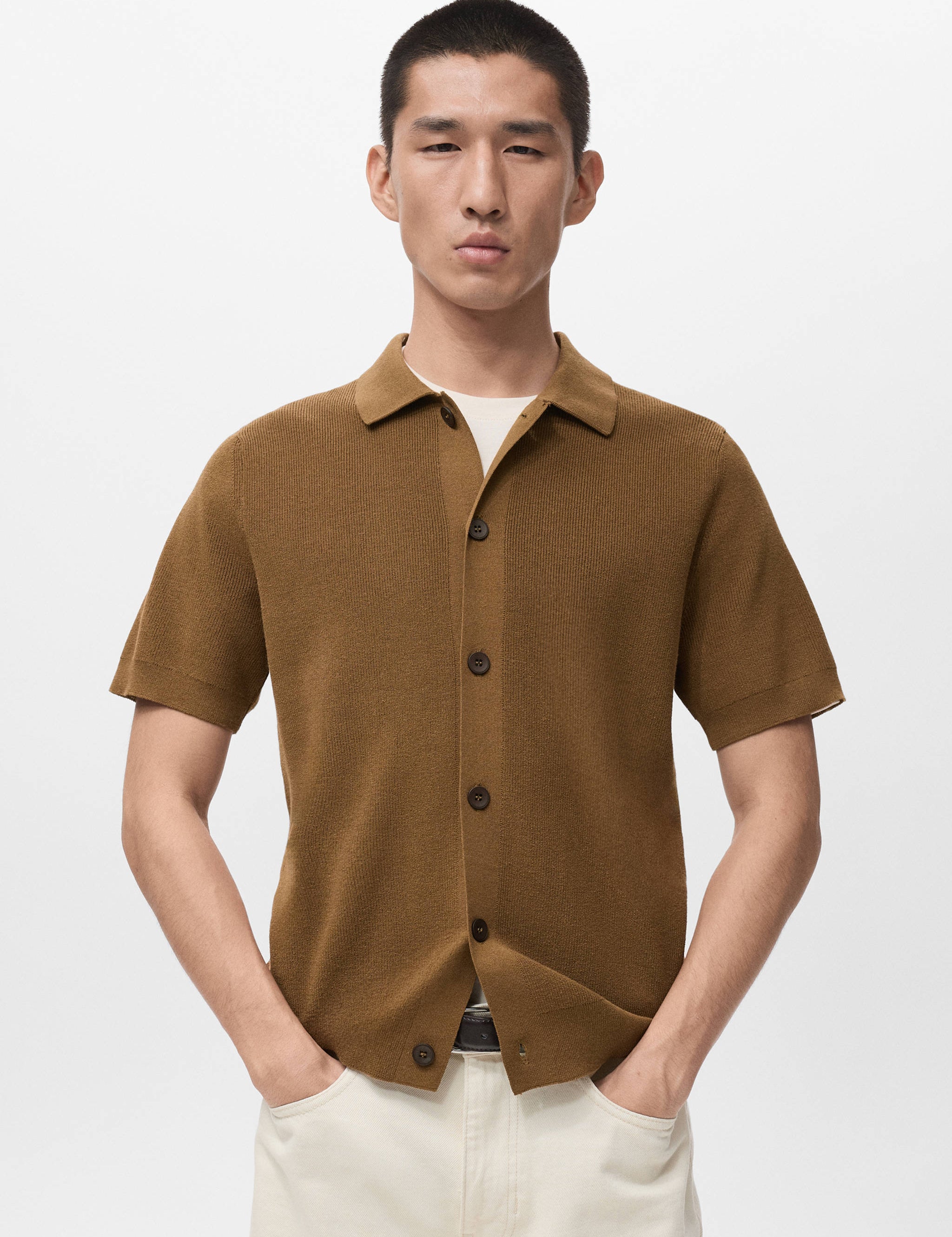 Mango shirt lino in tobacco-002