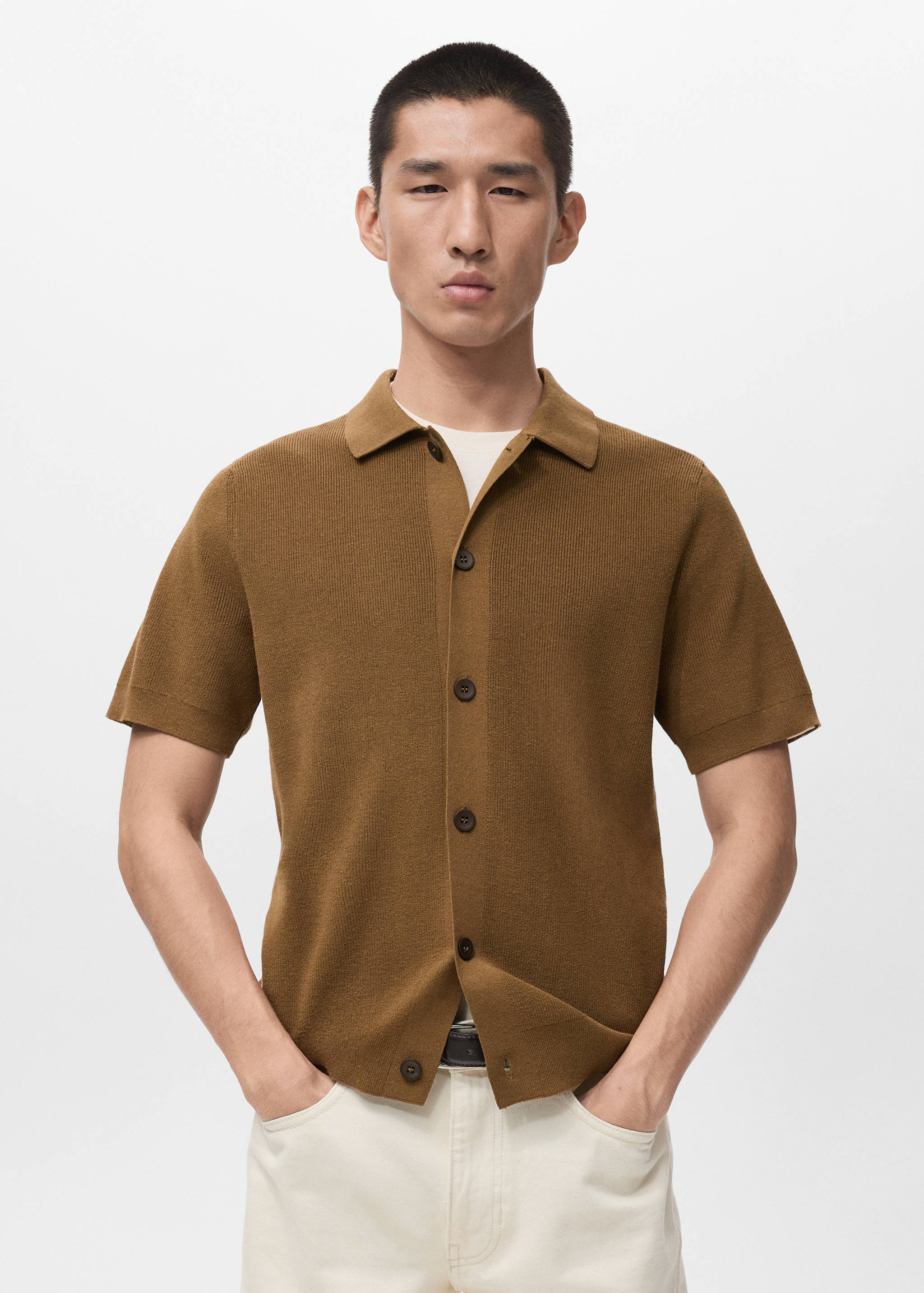 Mango shirt lino in tobacco-002