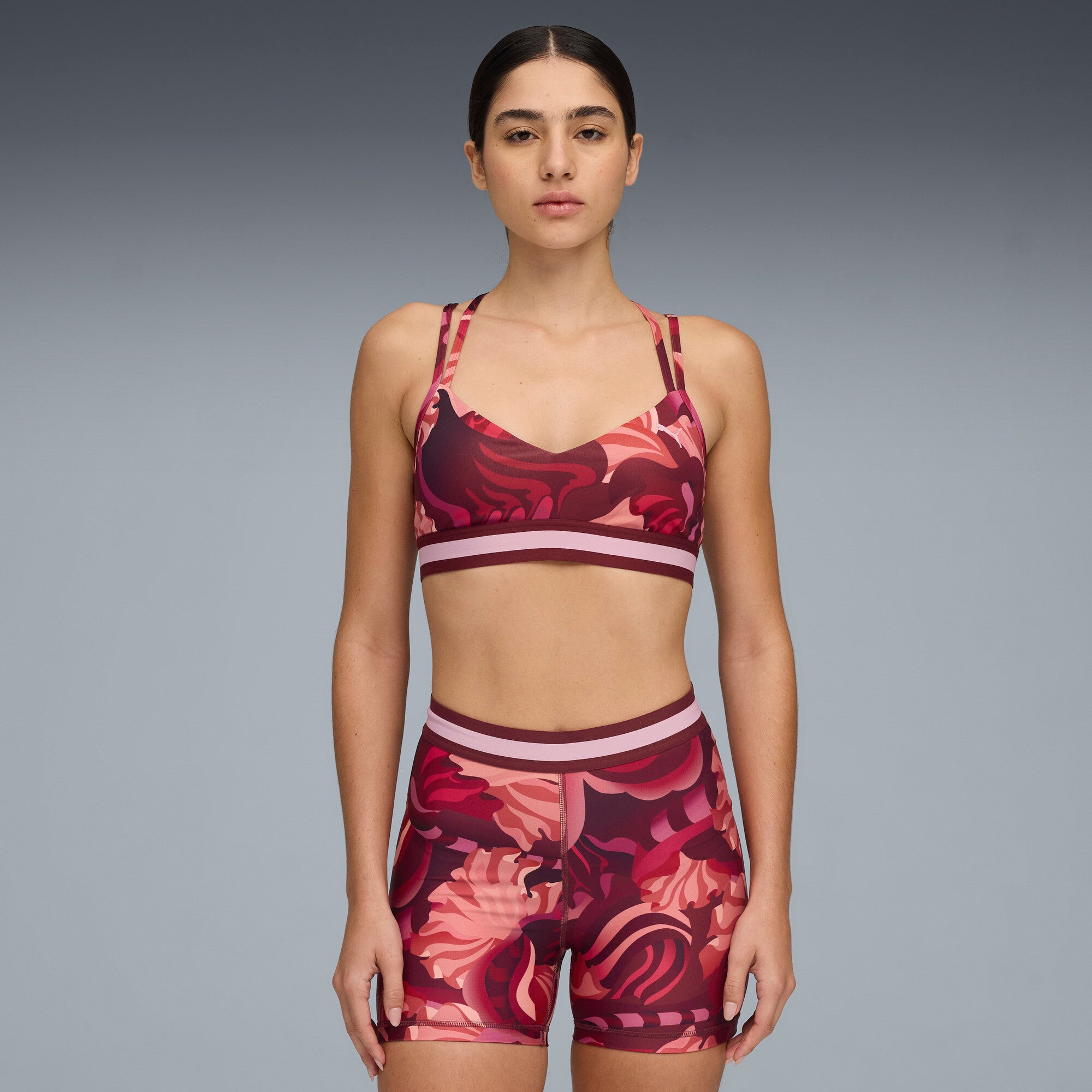 PUMA Floral ribbon low-support bra in ruby shimmer - Image 1