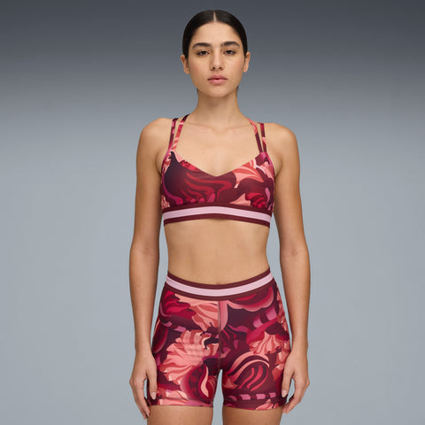 PUMA Floral ribbon low-support bra in ruby shimmer
