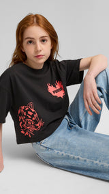 PUMA ESSENTIALS graphic short length tee in black - Image 1