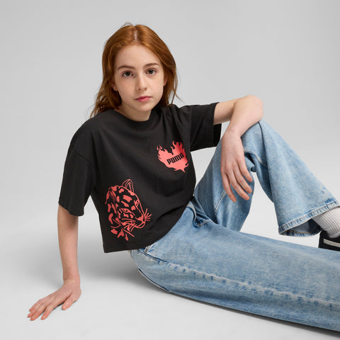 PUMA ESSENTIALS graphic short length tee in black