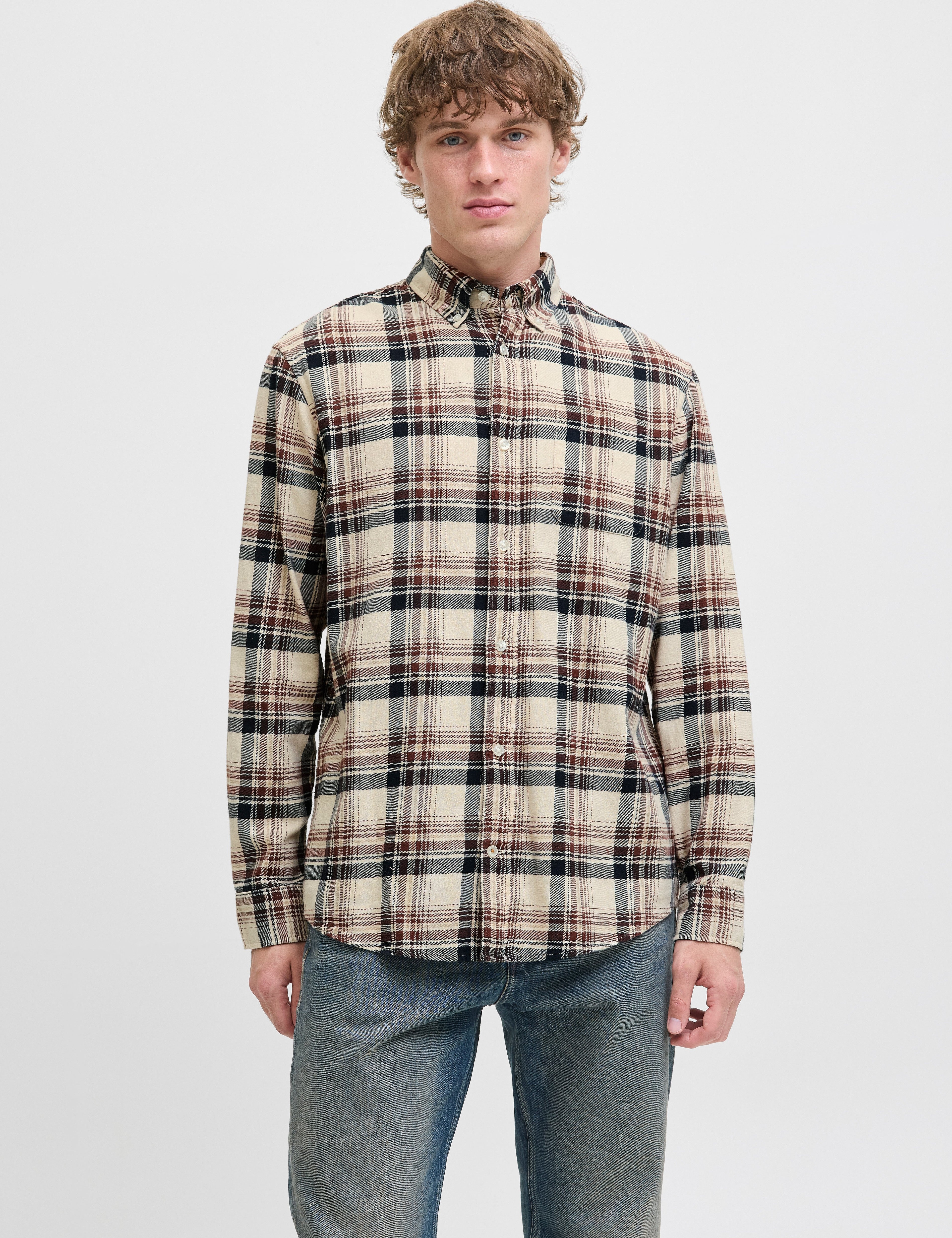 JACK & JONES JJECLASSIC flannel check shirt in antique white - Image 1