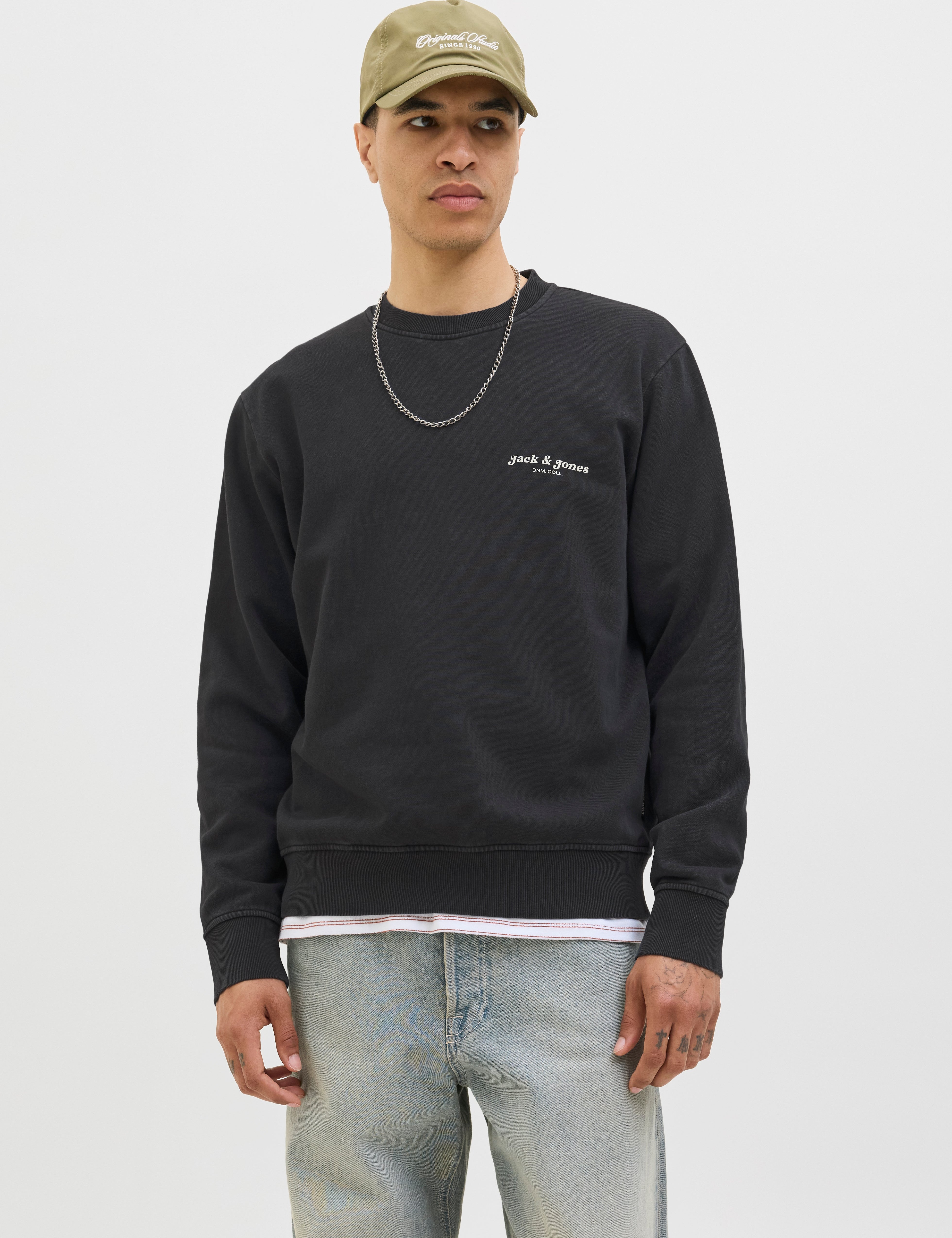 JACK & JONES JJEDOVER print sweat crew neck - black