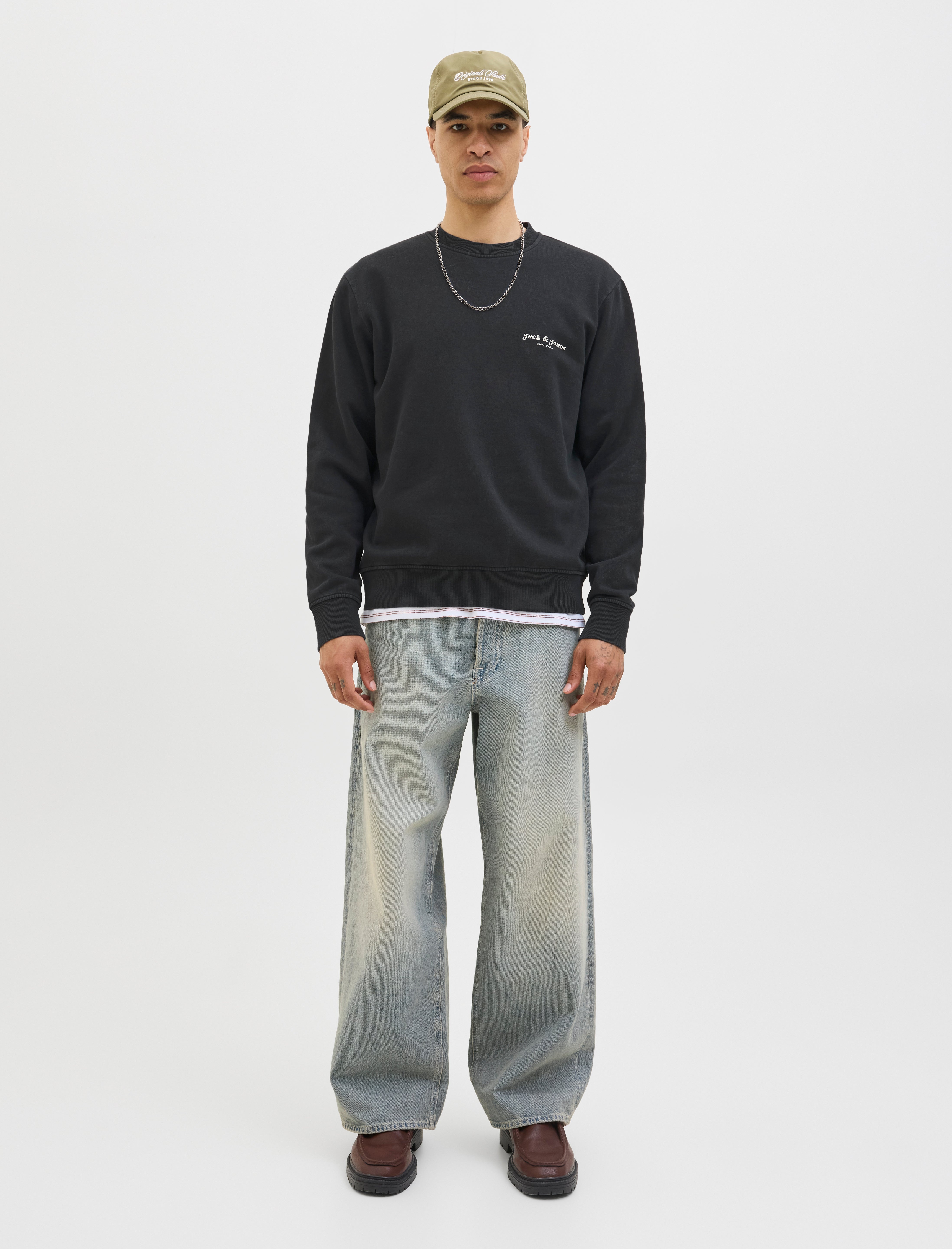 JACK & JONES JJEDOVER print sweat crew neck - black