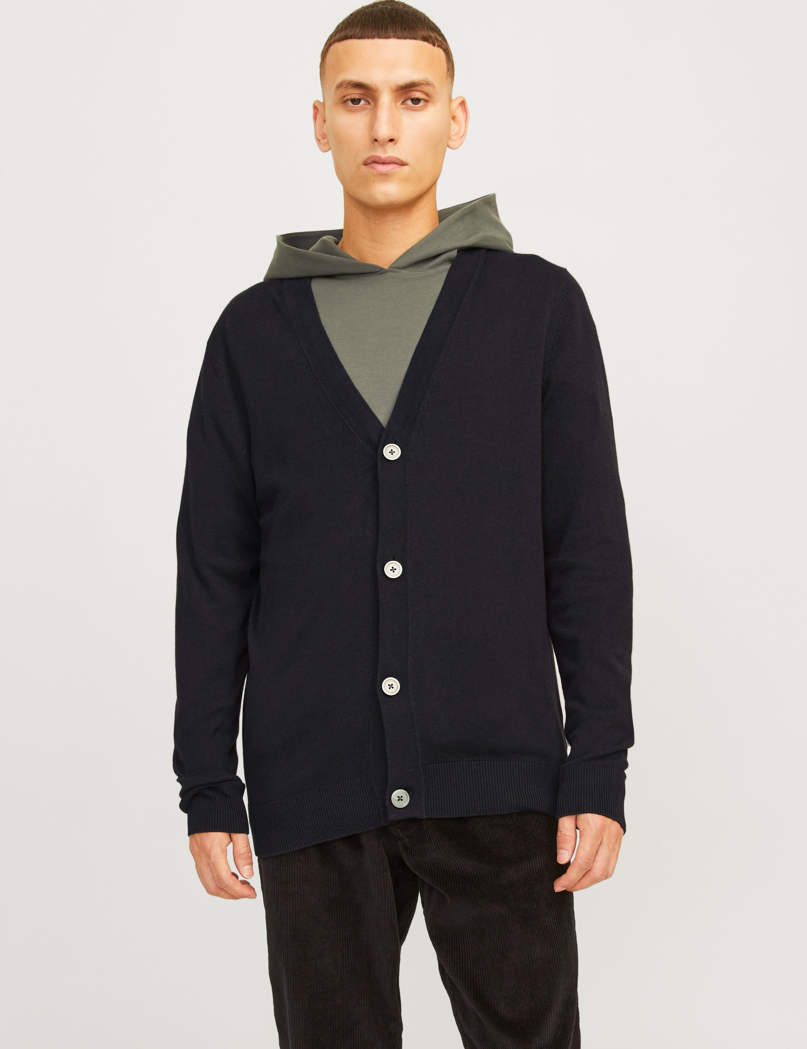 JACK & JONES JJEEMIL knit button cardigan in black - Image 1