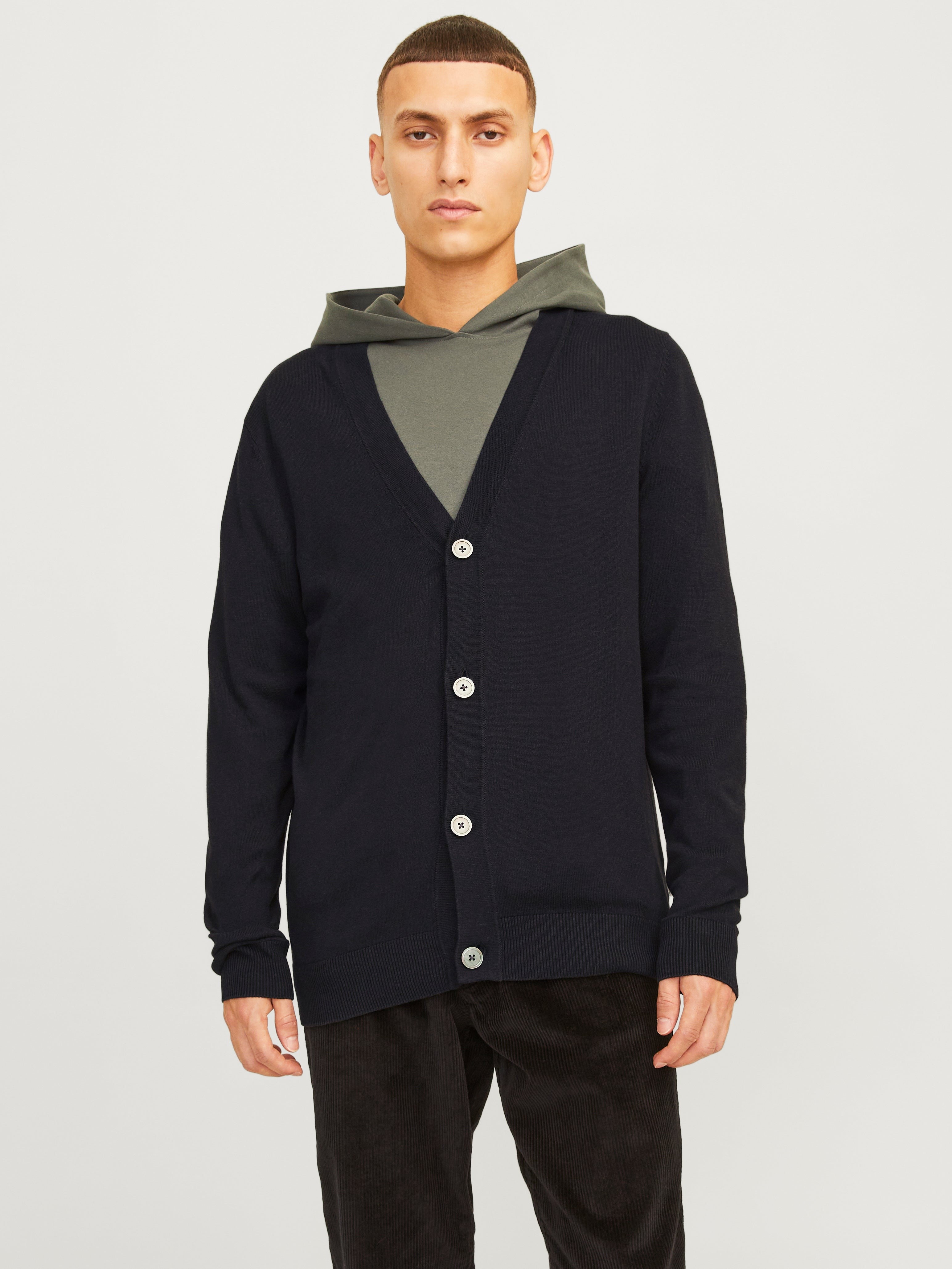 JACK & JONES JJEEMIL knit button cardigan in black - Image 1