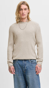 JACK & JONES JJEEMIL knit cable crew neck in oatmeal melange - Image 1