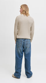 JACK & JONES JJEEMIL knit cable crew neck in oatmeal melange - Image 2