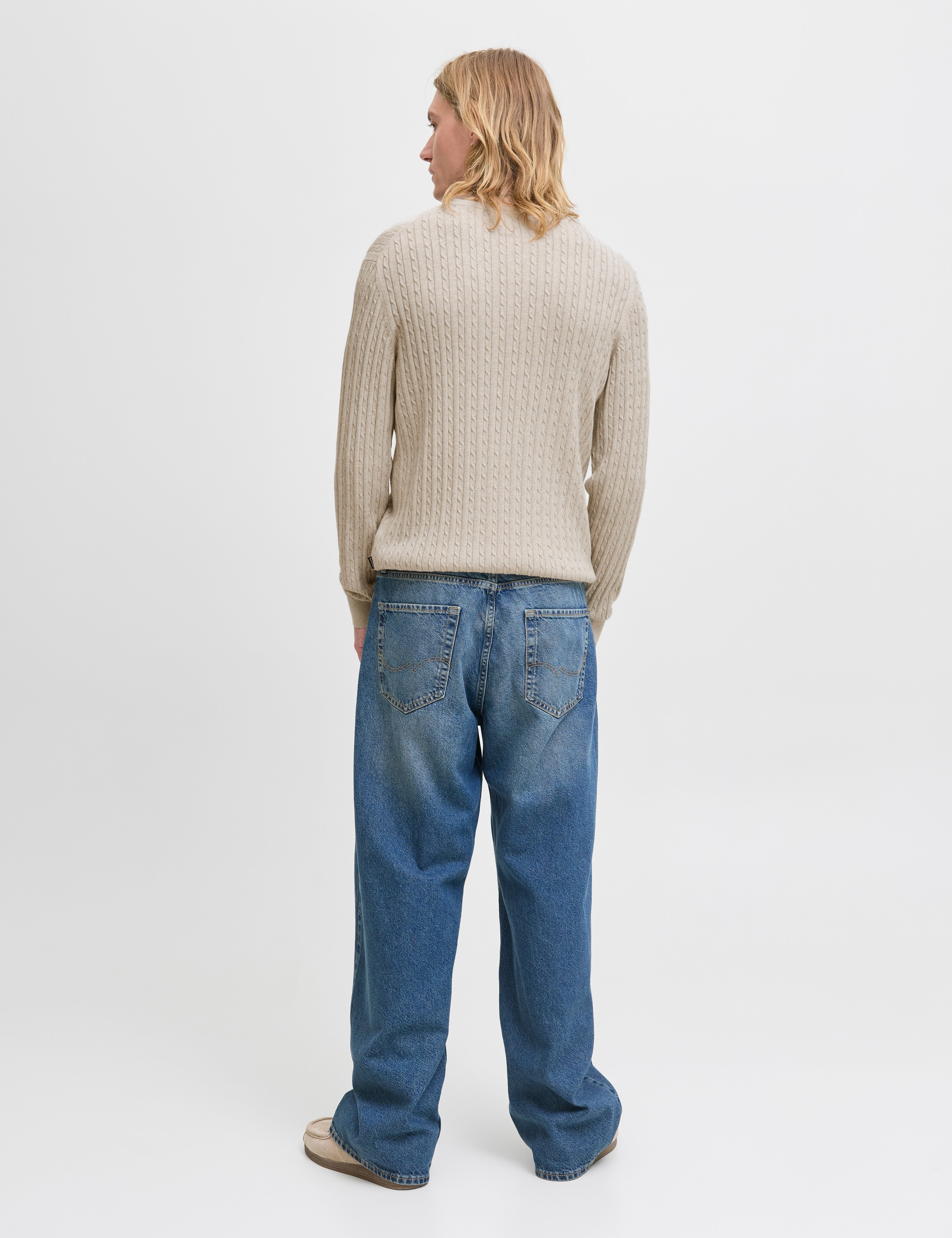 JACK & JONES JJEEMIL knit cable crew neck in oatmeal melange - Image 2
