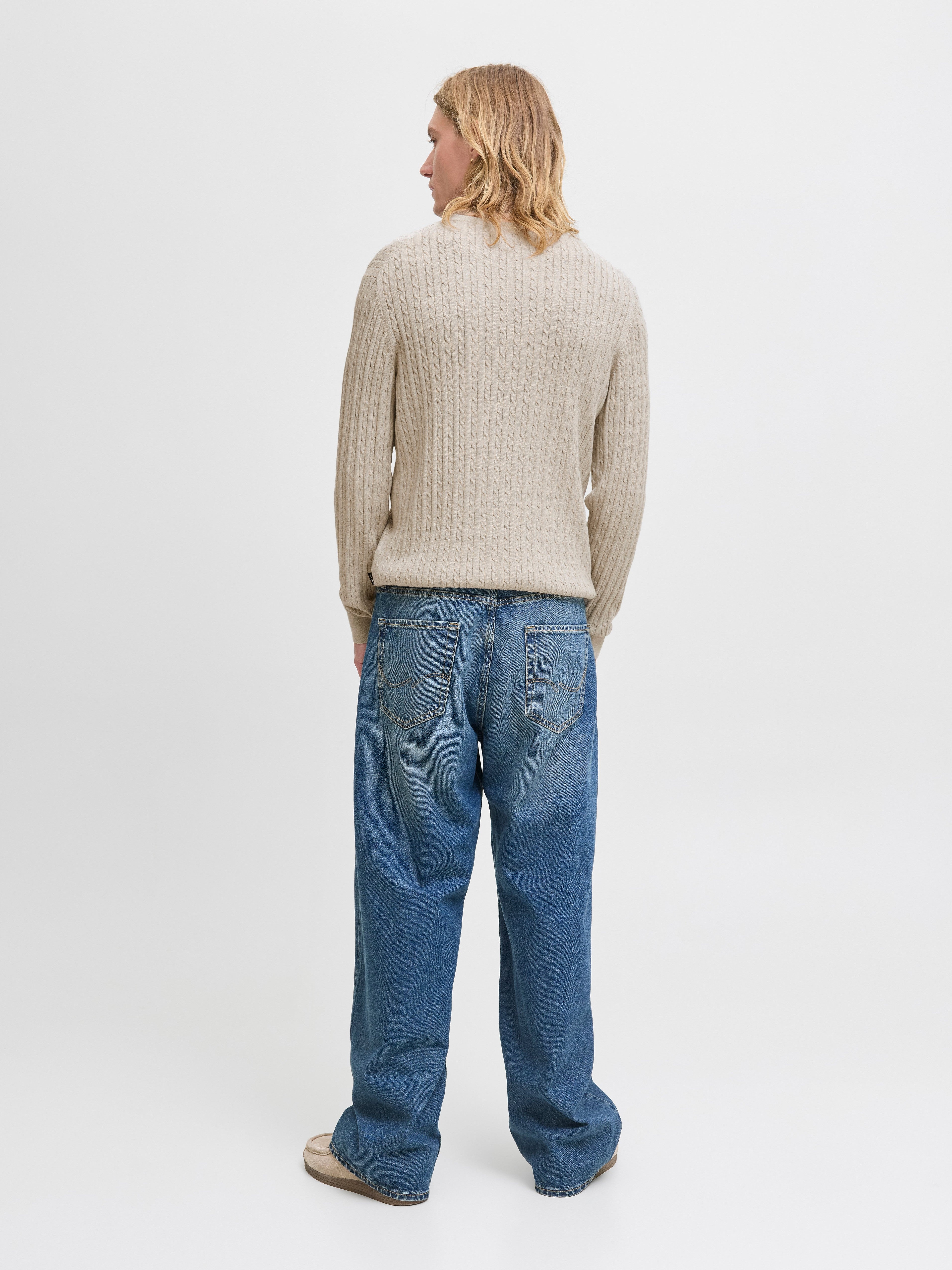 JACK & JONES JJEEMIL knit cable crew neck in oatmeal melange - Image 2