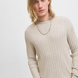 JACK & JONES JJEEMIL knit cable crew neck in oatmeal melange - Image 7