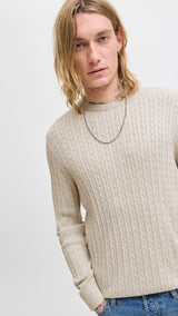 JACK & JONES JJEEMIL knit cable crew neck in oatmeal melange - Image 7