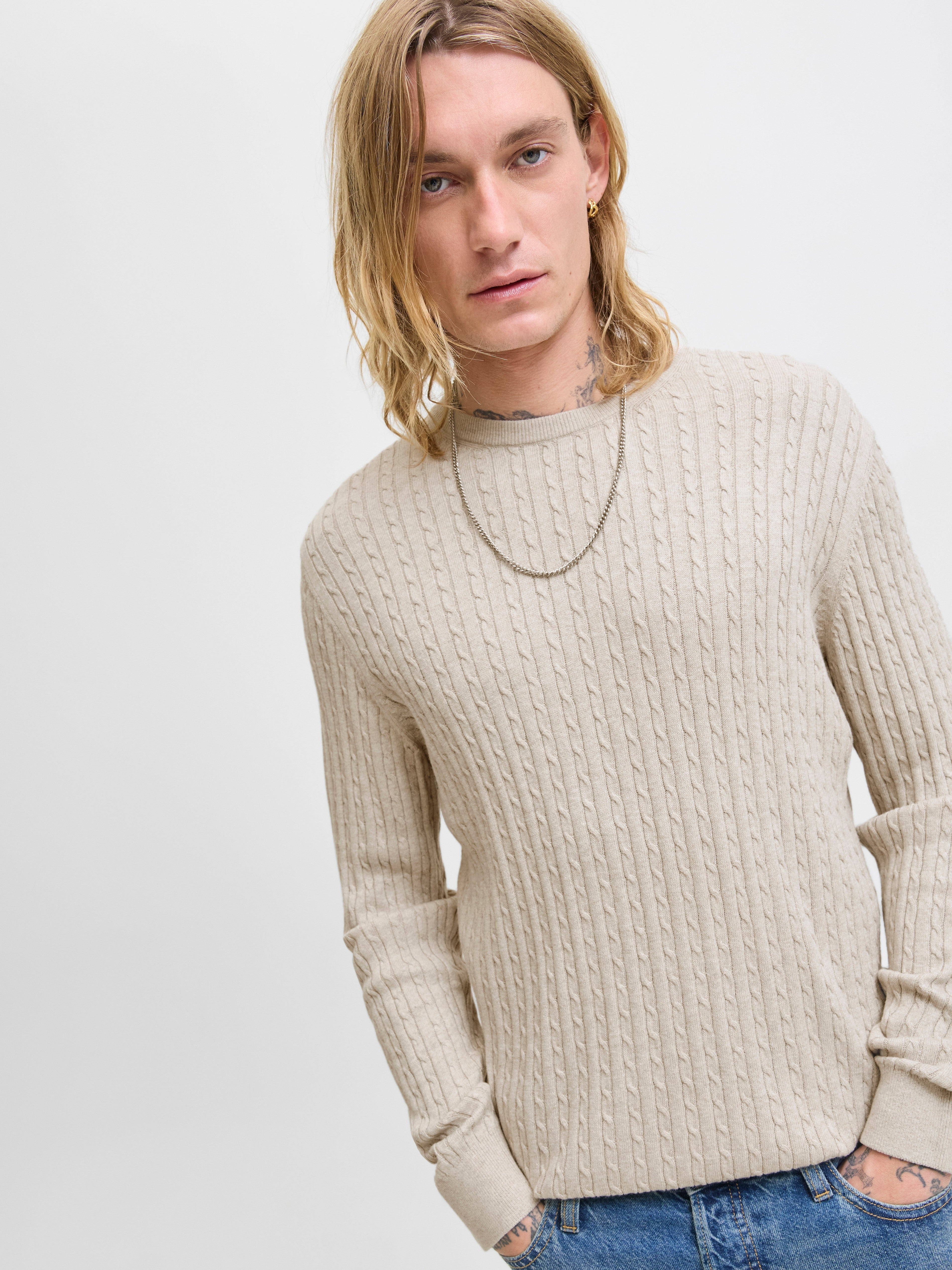 JACK & JONES JJEEMIL knit cable crew neck in oatmeal melange - Image 7