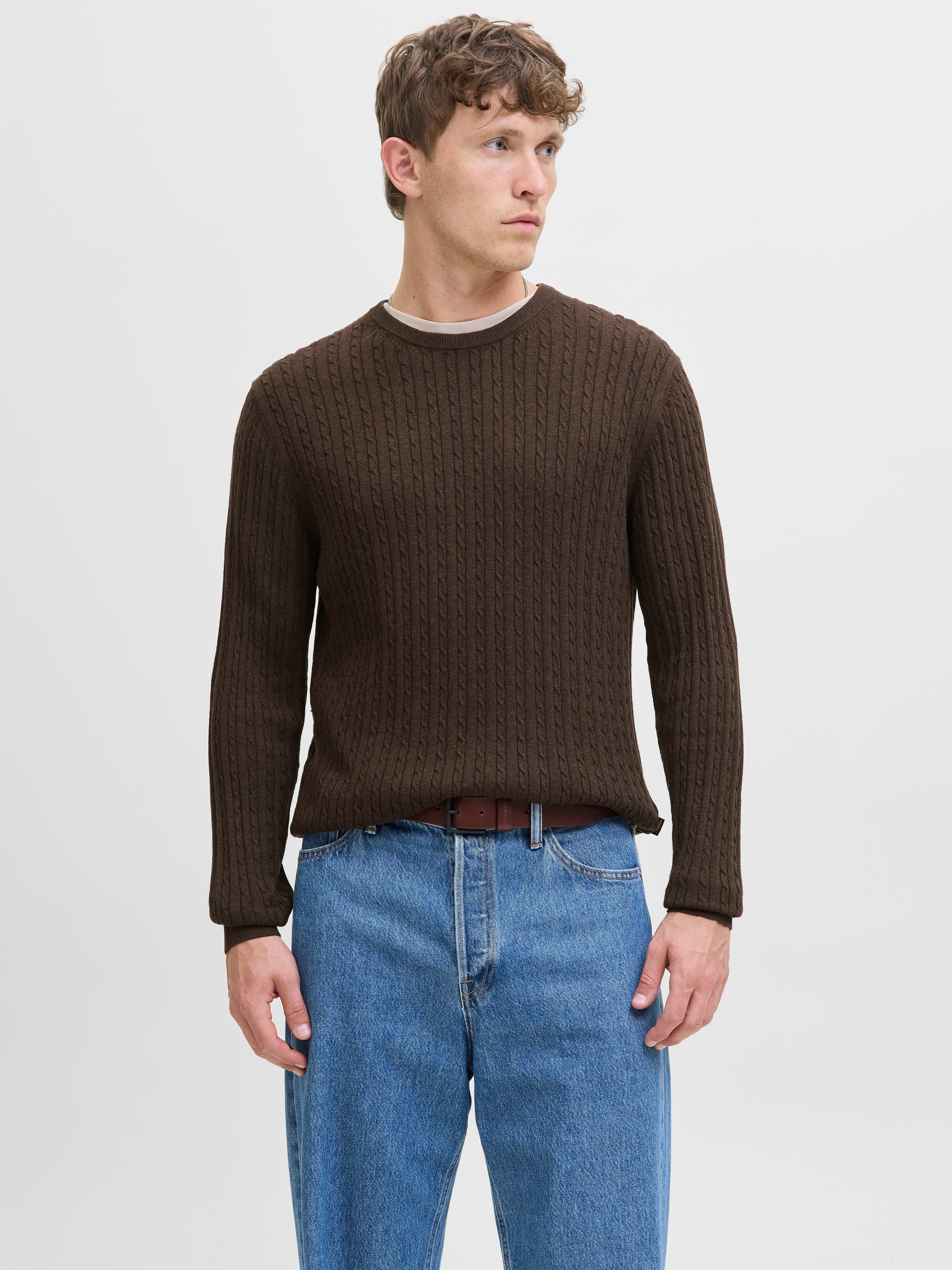 JACK & JONES JJEEMIL knit cable crew neck in mulch twist - Image 1