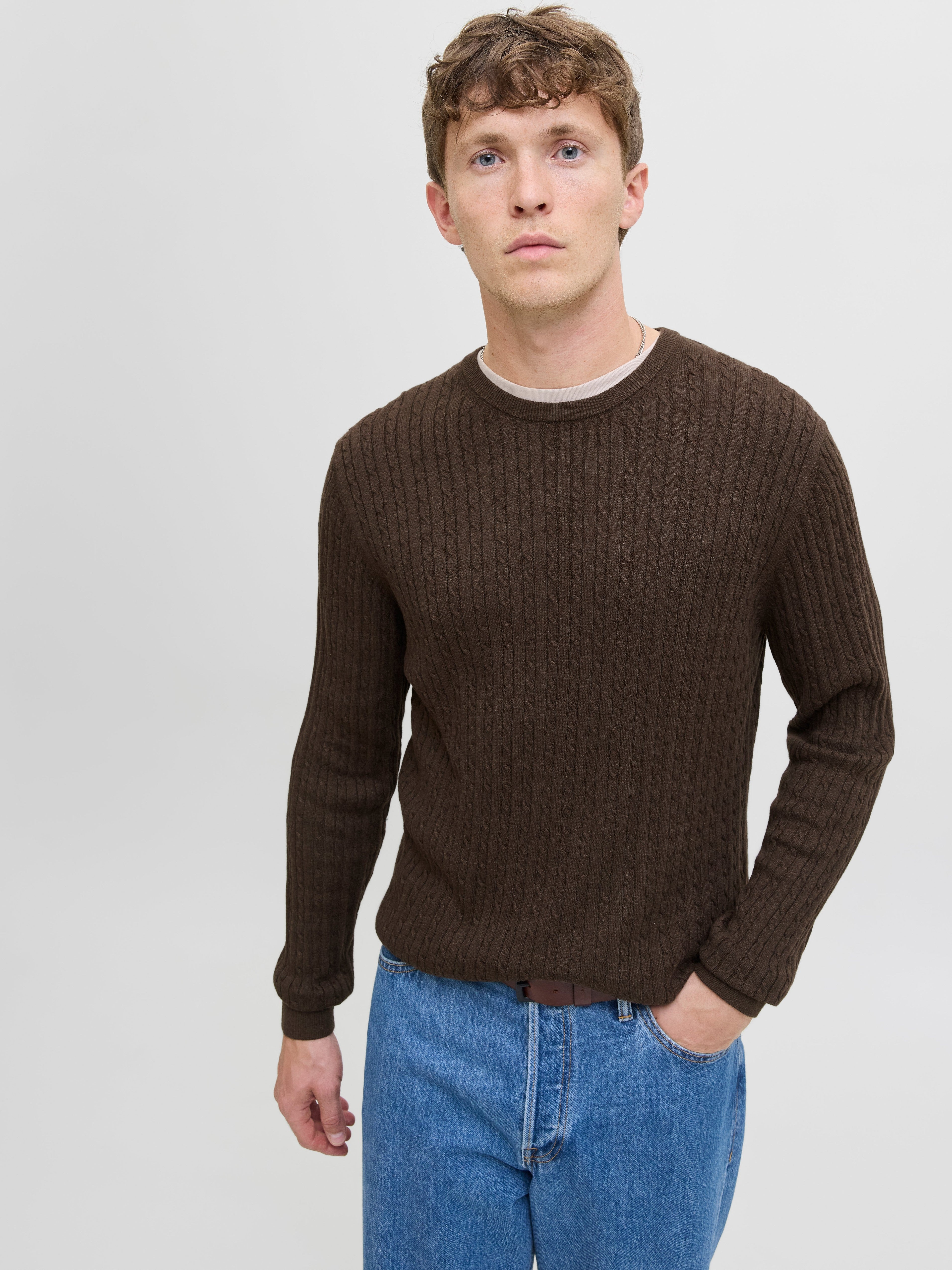 JACK & JONES JJEEMIL knit cable crew neck in mulch twist - Image 7