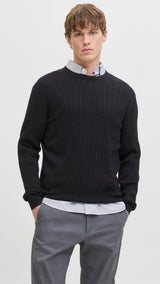 JACK & JONES JJEEMIL knit cable crew neck in black - Image 1