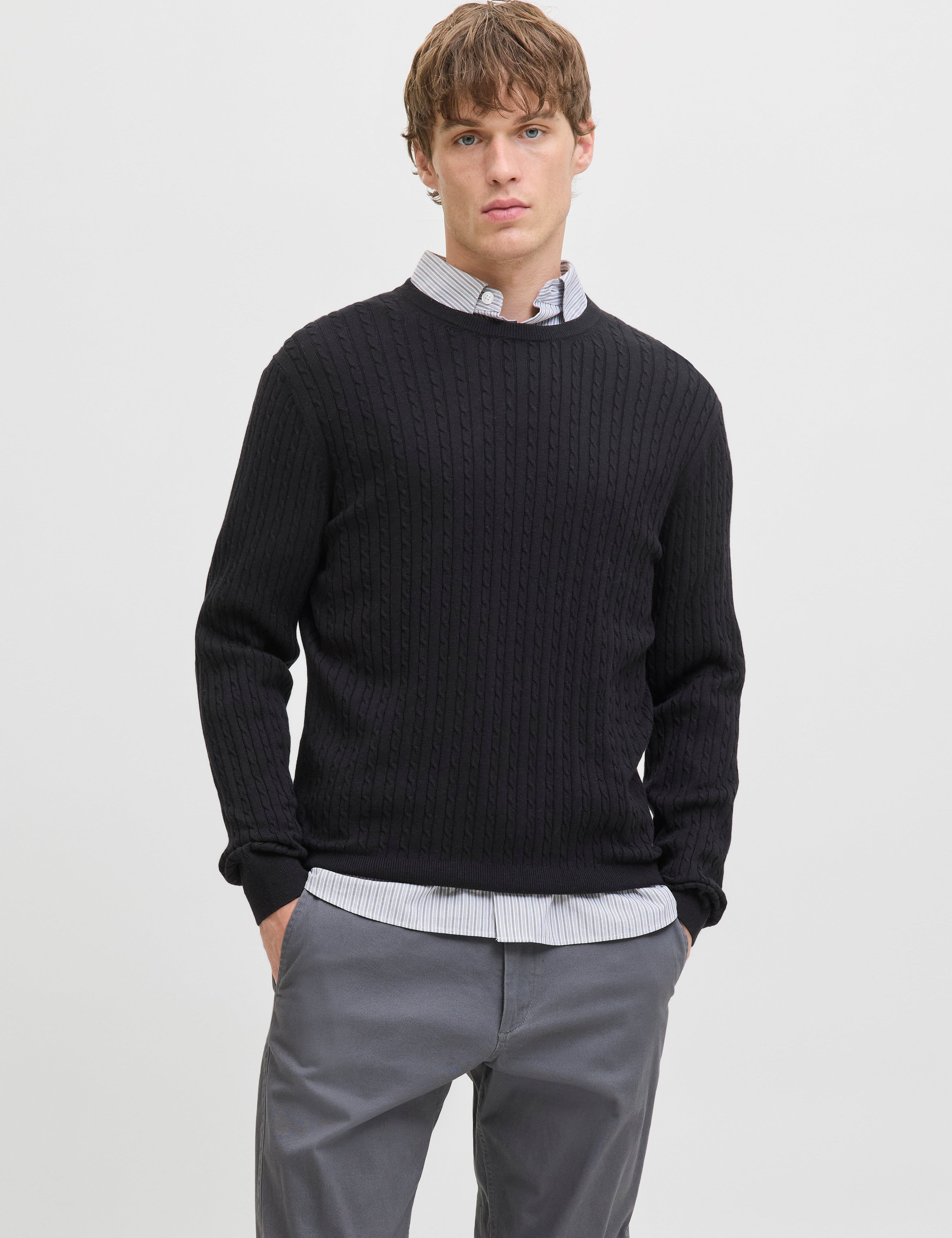 JACK & JONES JJEEMIL knit cable crew neck in black - Image 1
