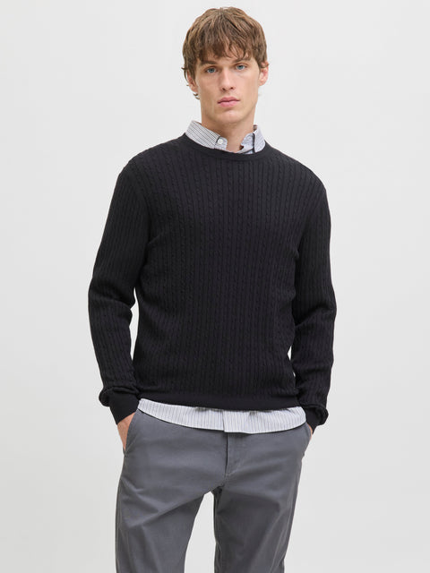 JACK & JONES JJEEMIL knit cable crew neck in black