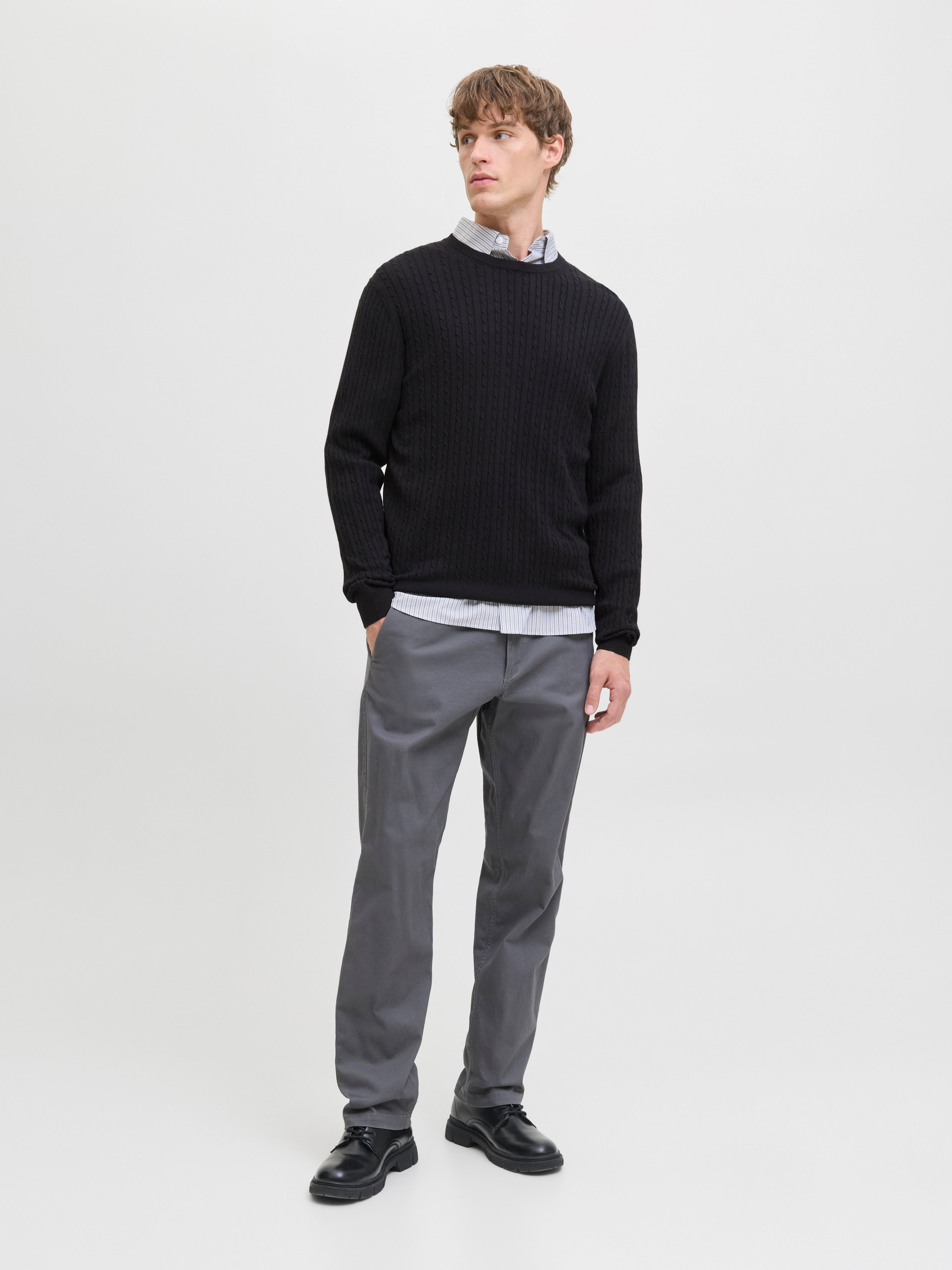 JACK & JONES JJEEMIL knit cable crew neck in black - Image 4