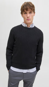 JACK & JONES JJEEMIL knit cable crew neck in black - Image 7