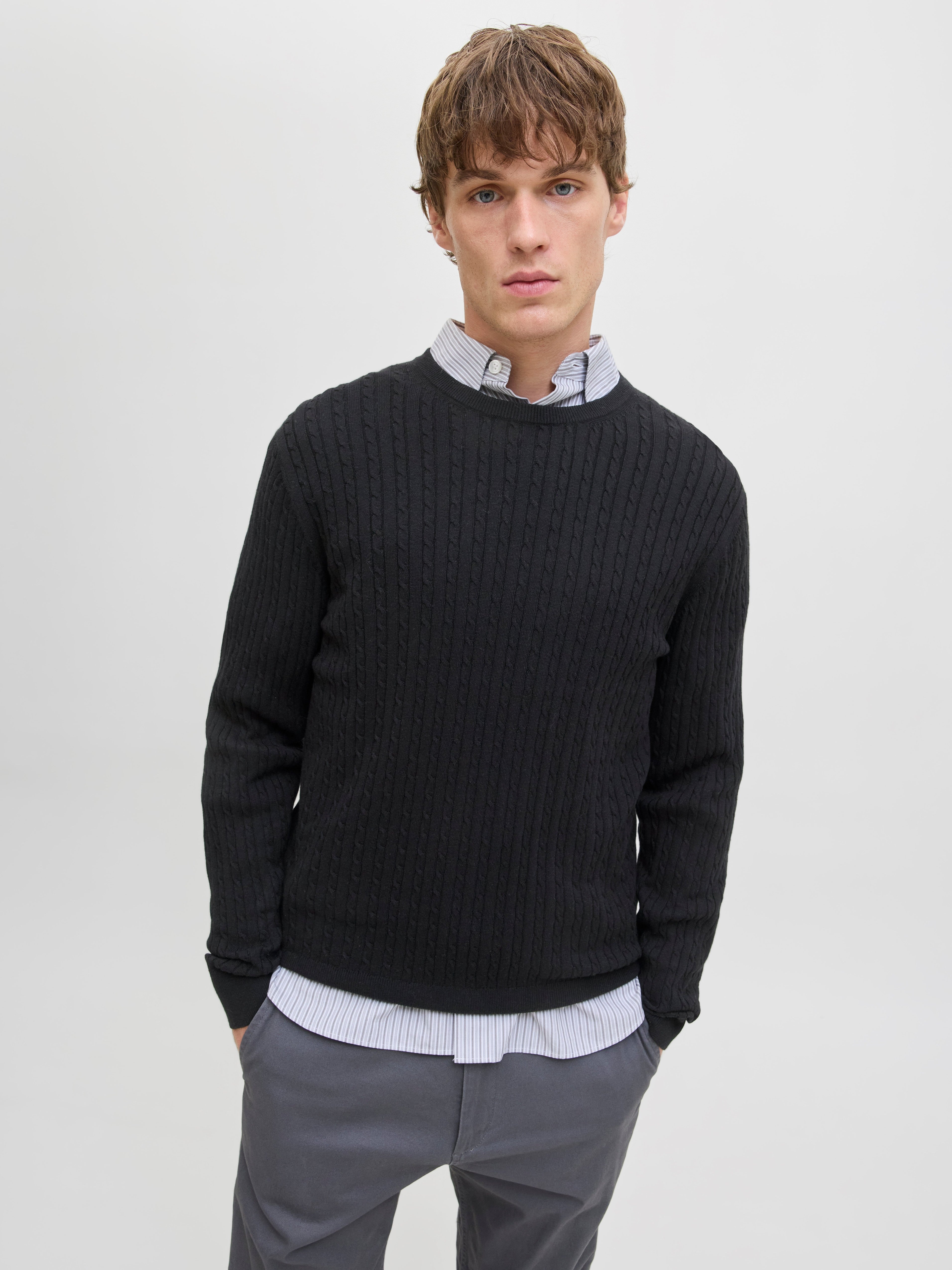 JACK & JONES JJEEMIL knit cable crew neck in black - Image 7