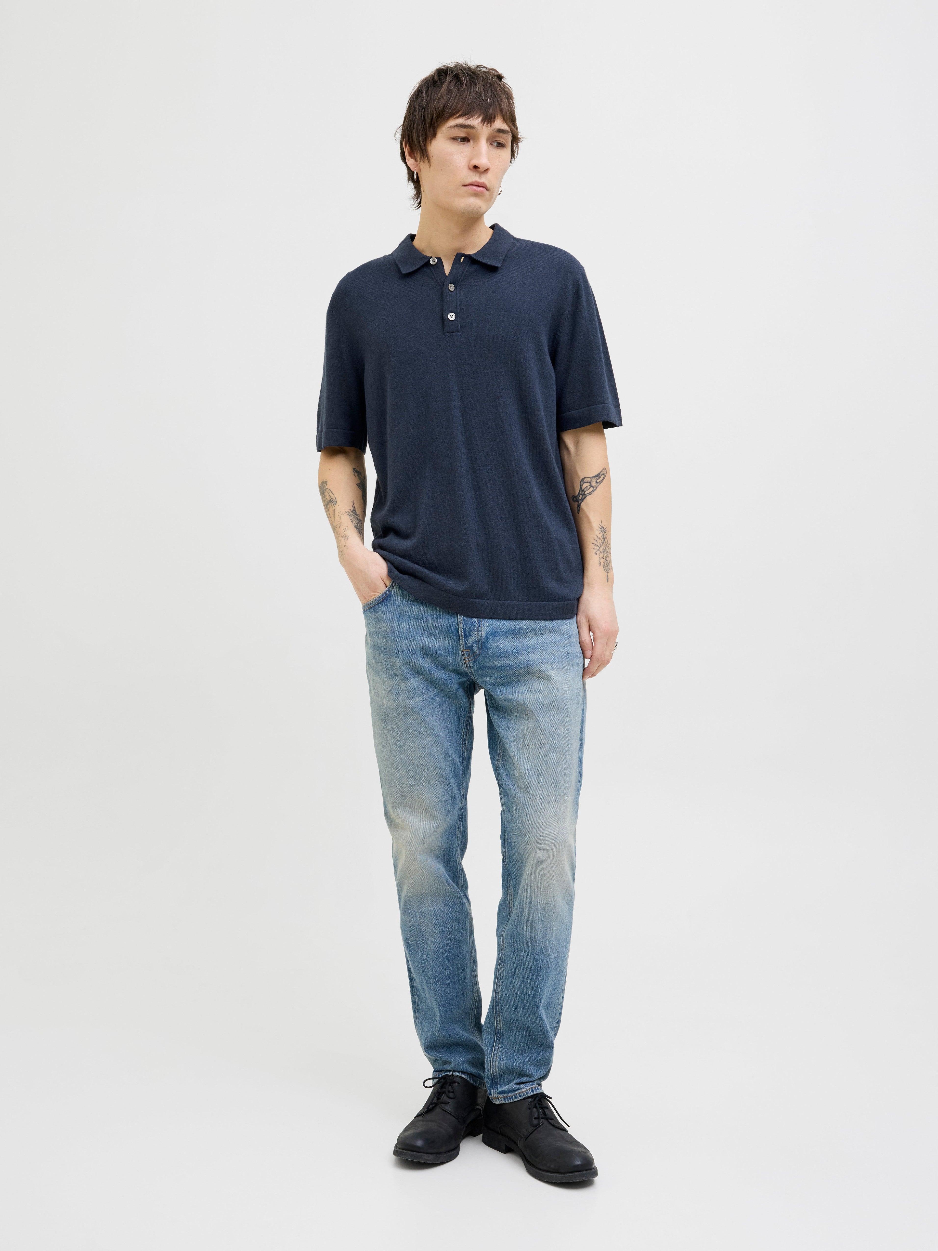 JACK & JONES JJEEMIL knit relaxed polo in navy blazer - Image 4