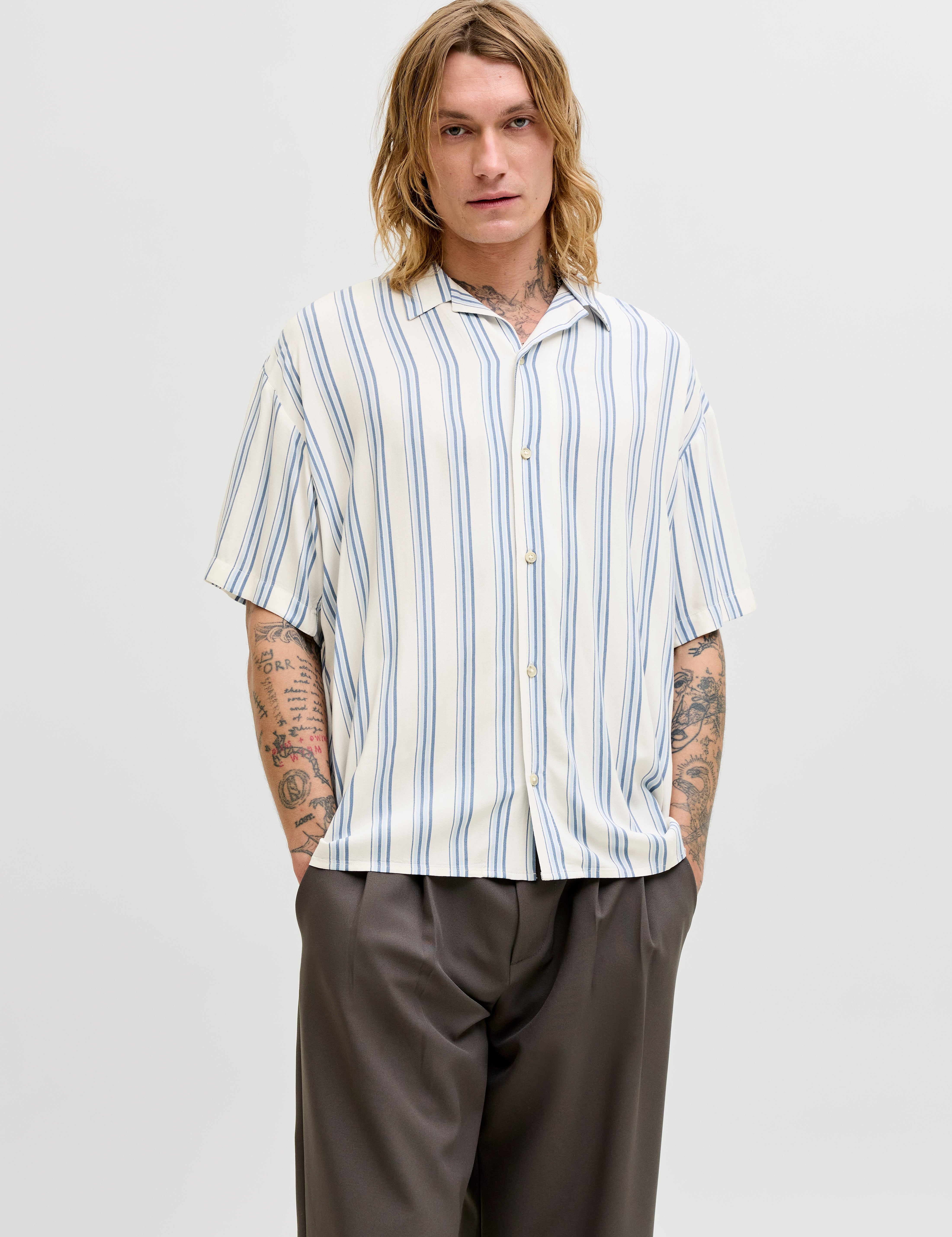 JACK & JONES JJEJEFF resort stripe shirt - celestial blue