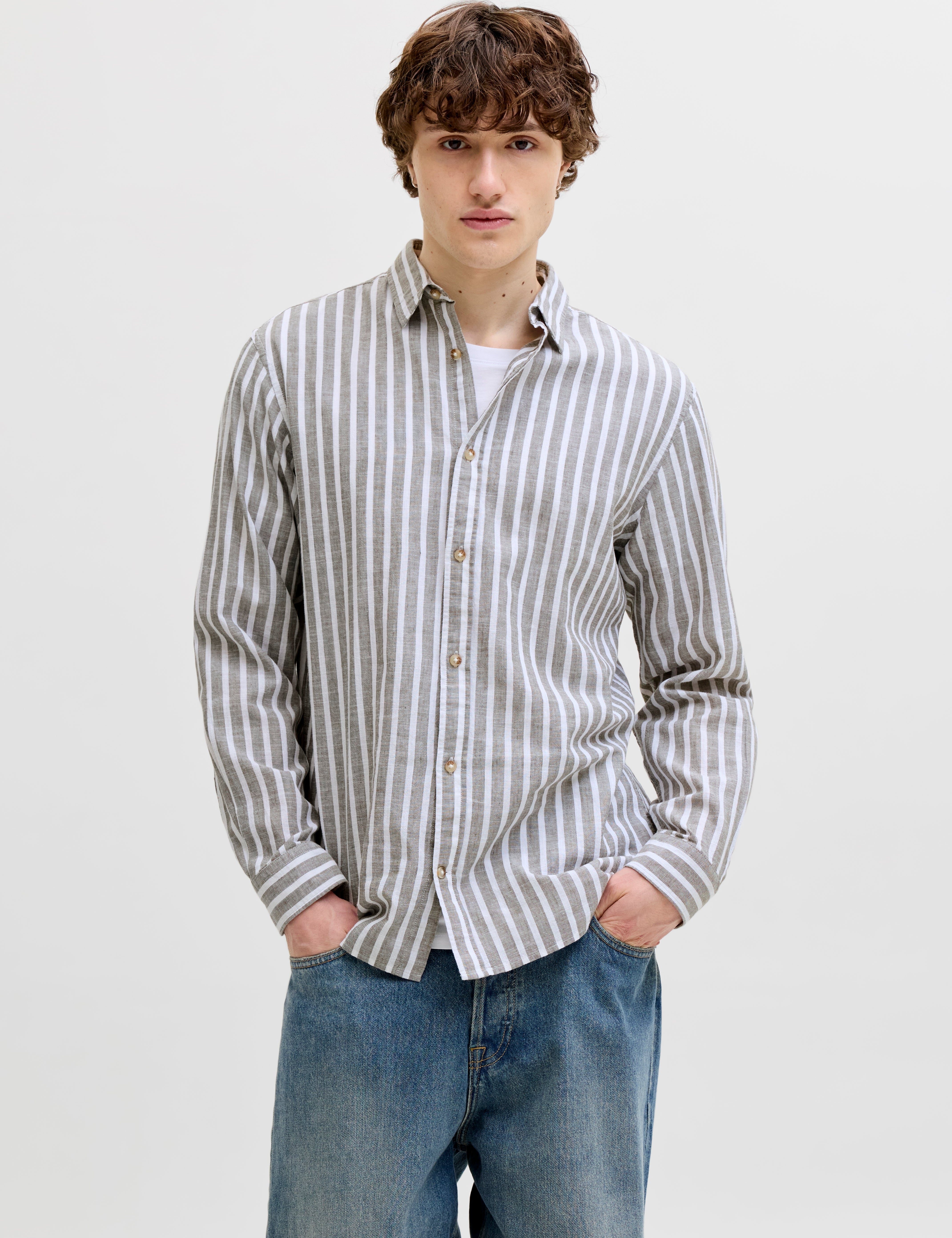 JACK & JONES JJESUMMER linen blend shirt - vetiver stripes