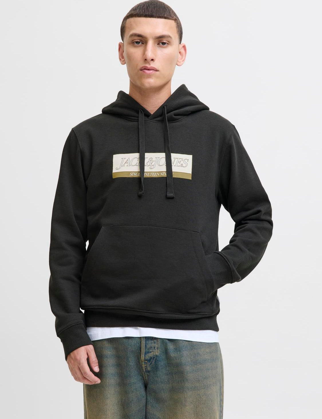 JACK & JONES JORINWOOD block branding sweat hood - black