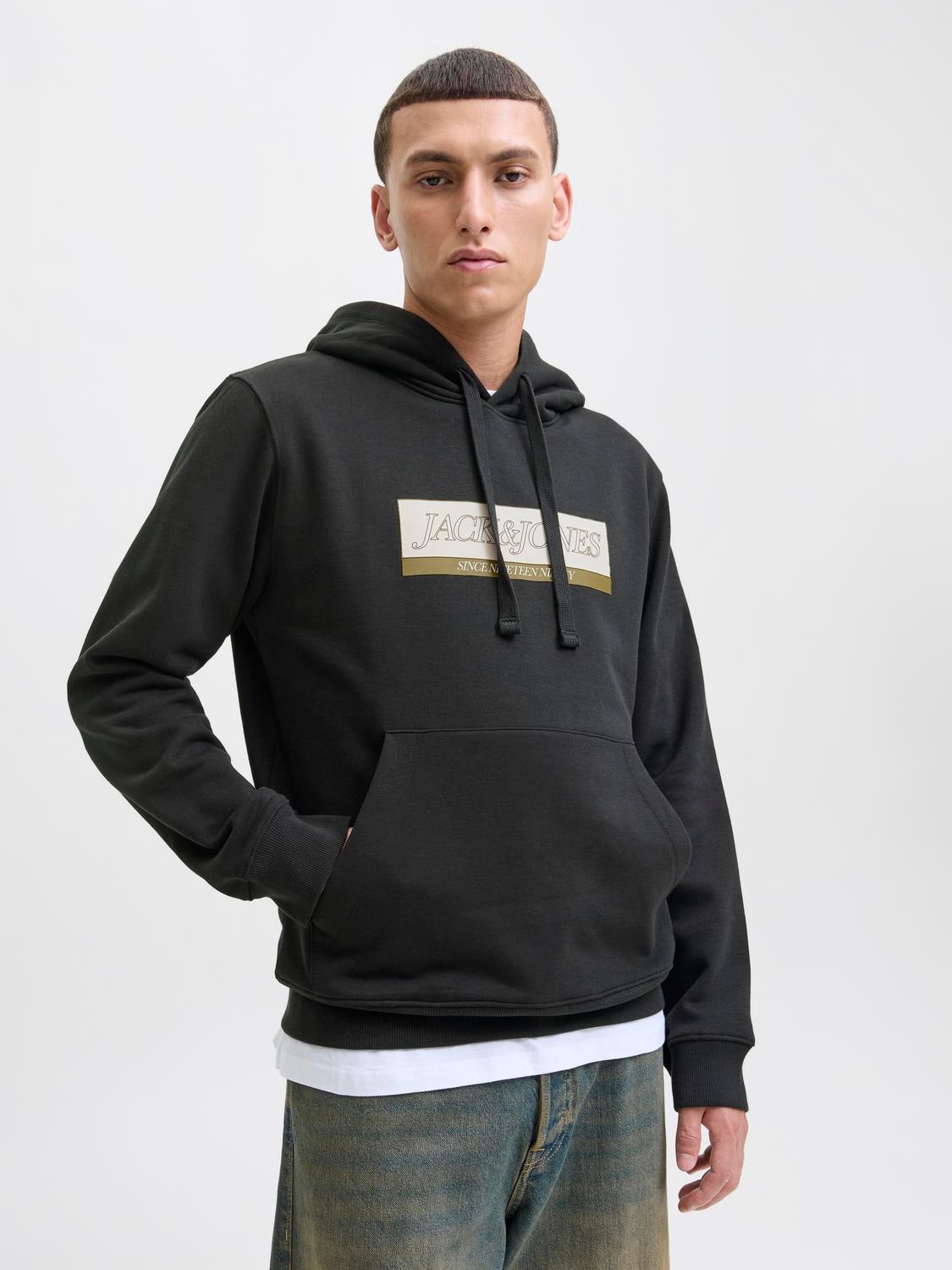 JACK & JONES JORINWOOD block branding sweat hood - black