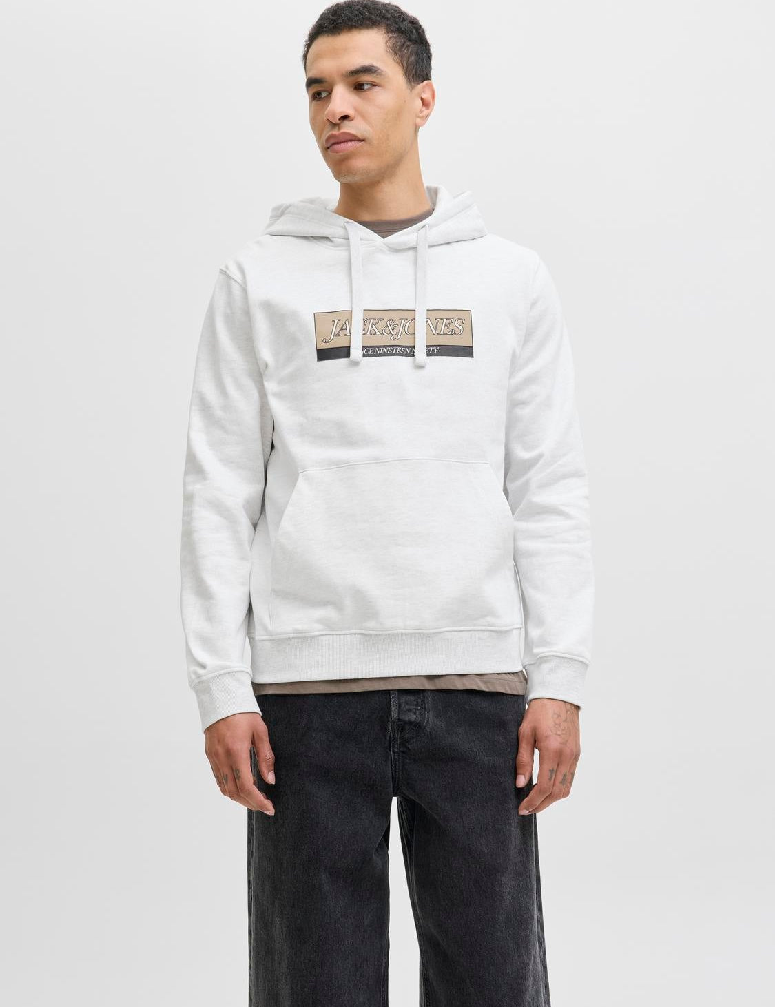 JACK & JONES JORINWOOD block branding sweat hood - bright white melange