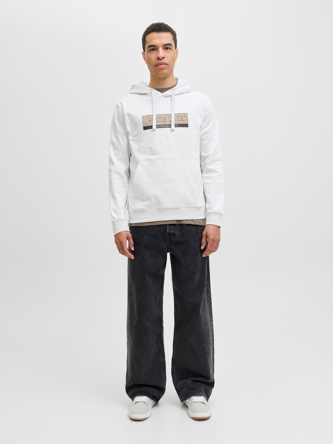 JACK & JONES JORINWOOD block branding sweat hood - bright white melange