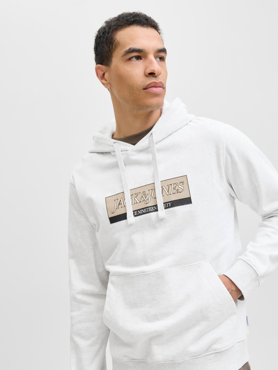 JACK & JONES JORINWOOD block branding sweat hood - bright white melange