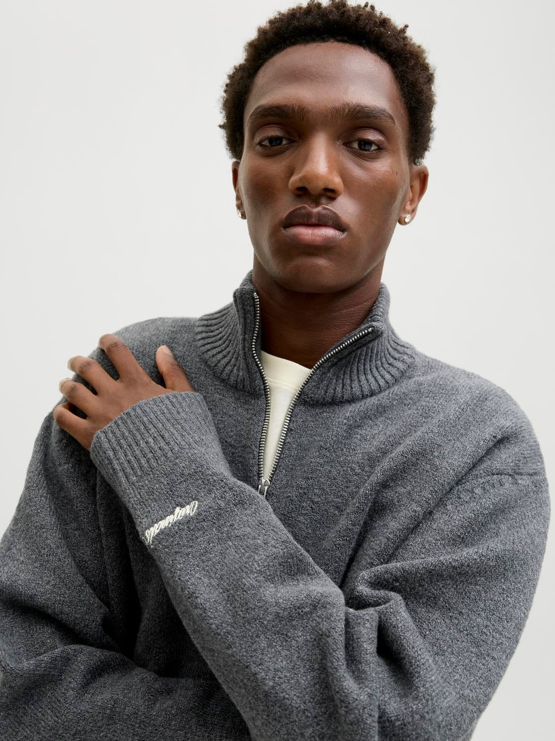 JACK & JONES JORNORREBRO knit half zip - dark grey melange