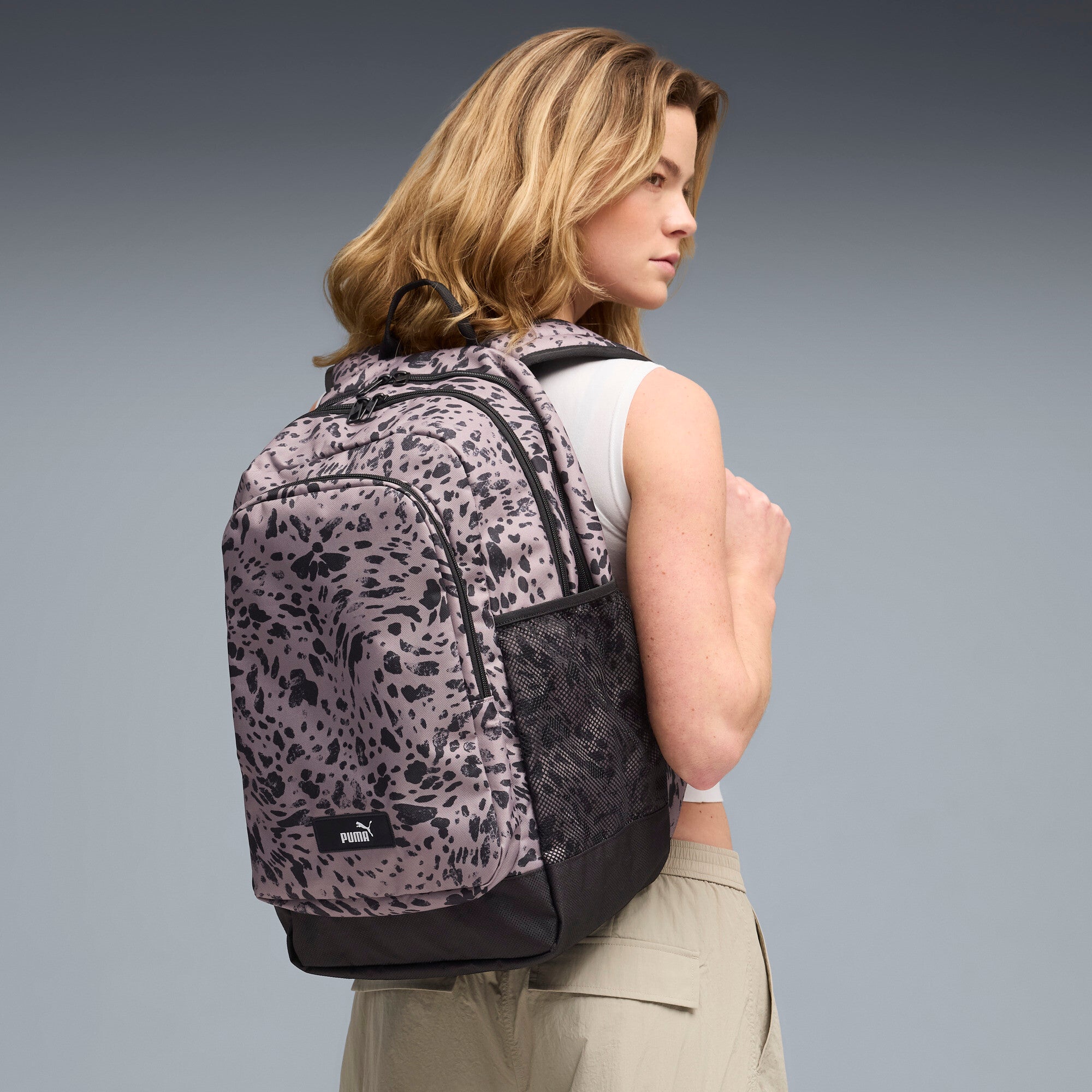 PUMA academy 29L all-over print backpack in sandstone