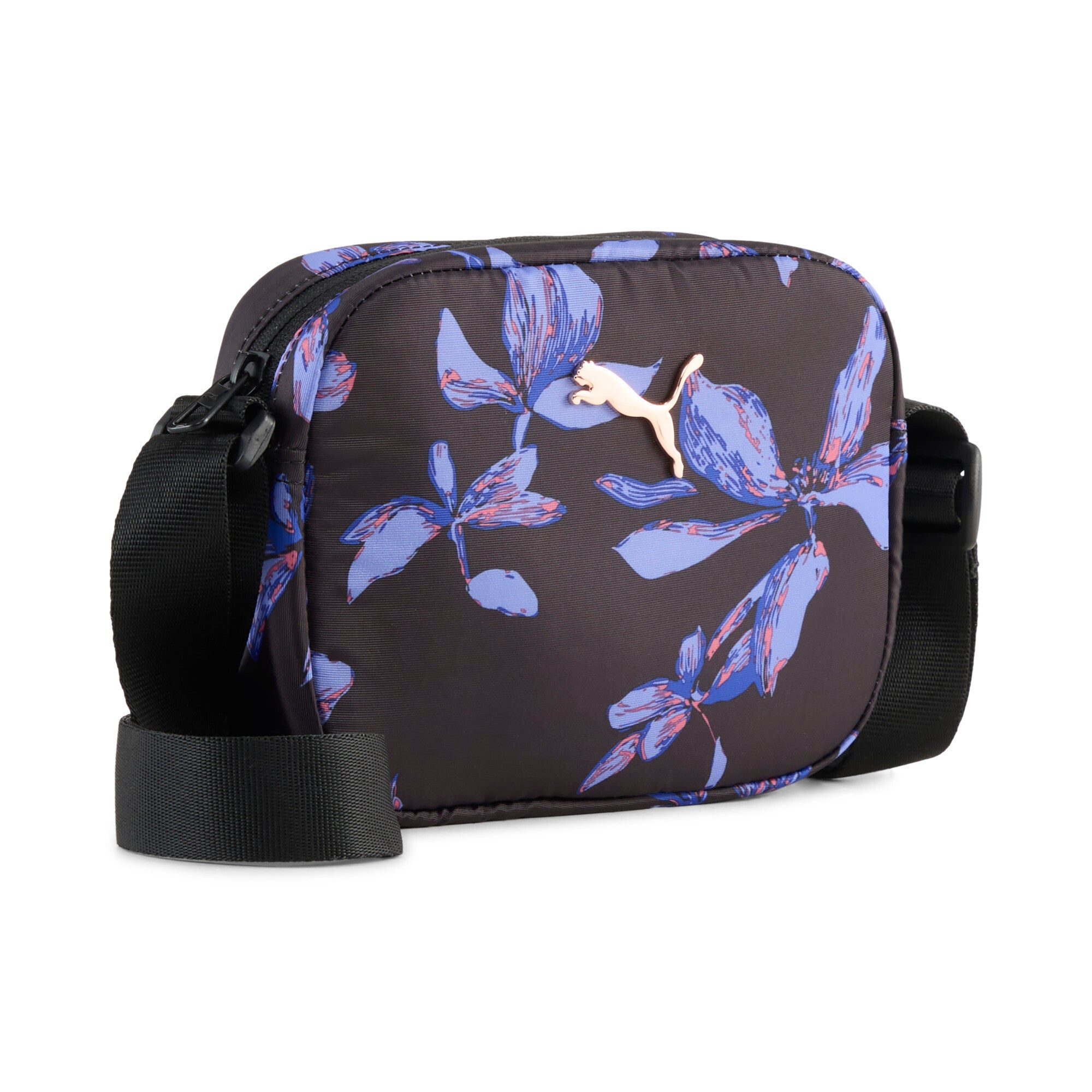 PUMA pop 1L crossbody bag in black and purple — front view