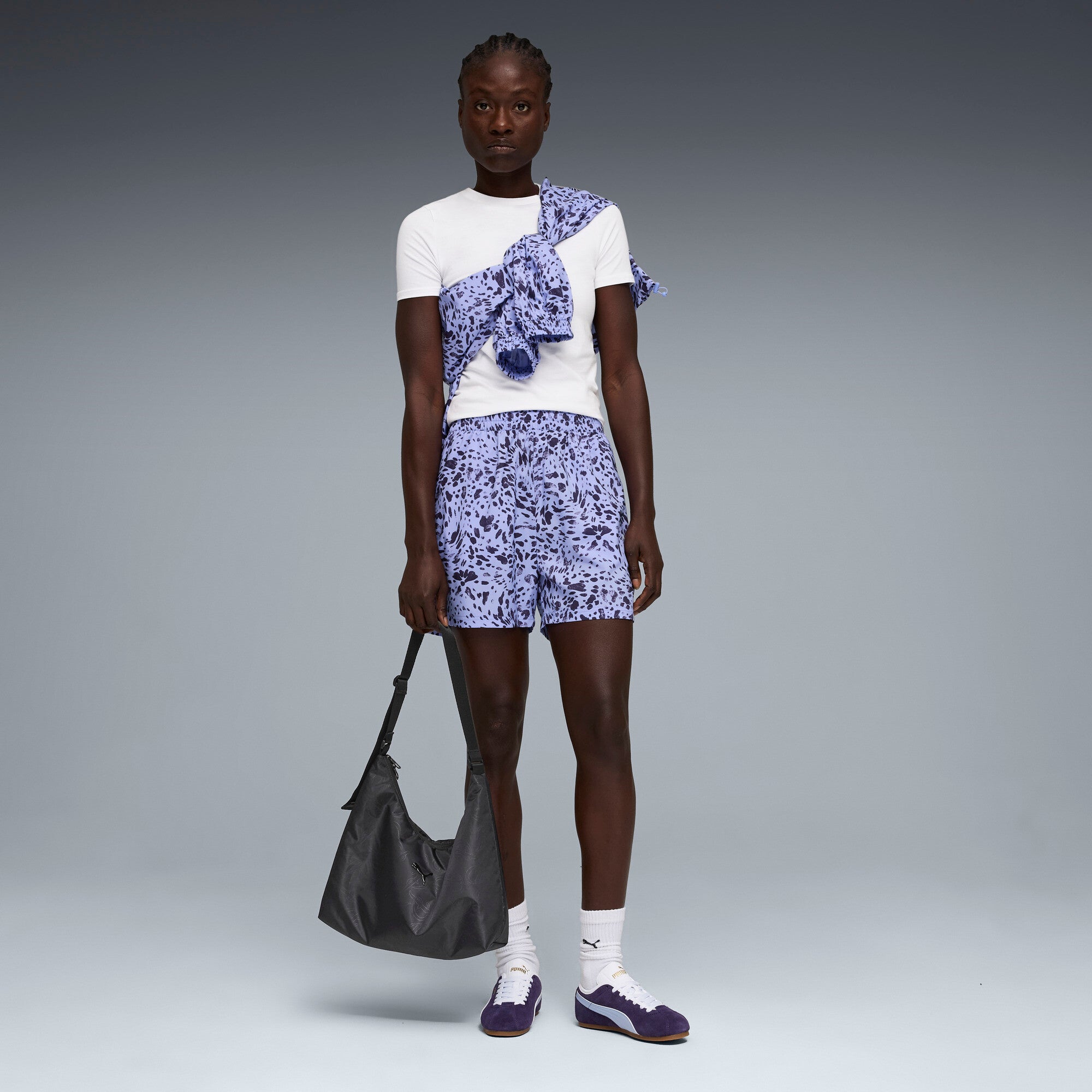 PUMA essentials graphics animal high-rise printed 4" shorts women in intense lavender — model shot 3