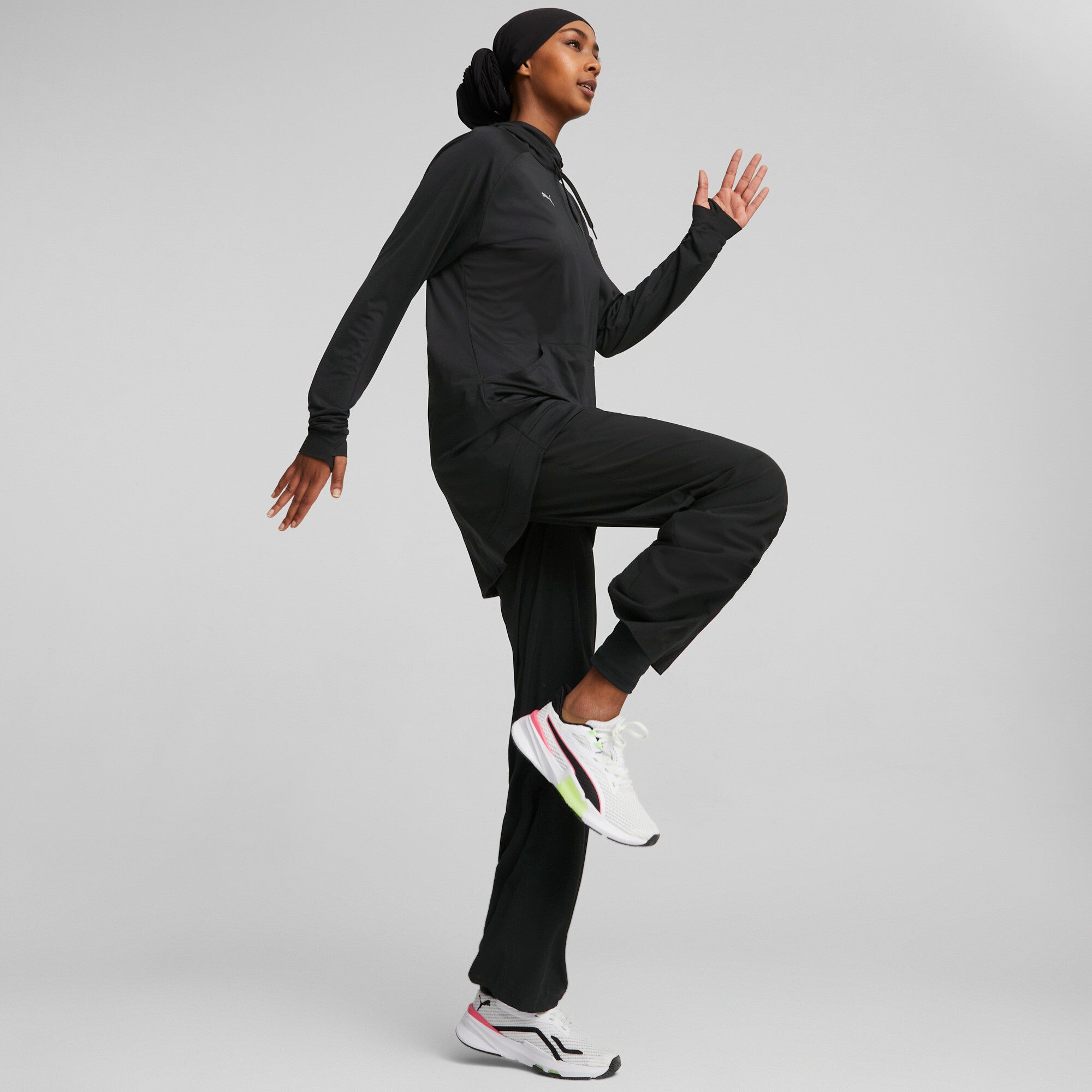 Puma modest activewear wide leg training pants in black - Model Shot 03