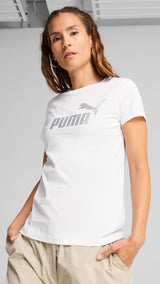 Puma ESS metallic no. 1 logo tee in white and metallic silver - Model Shot 01