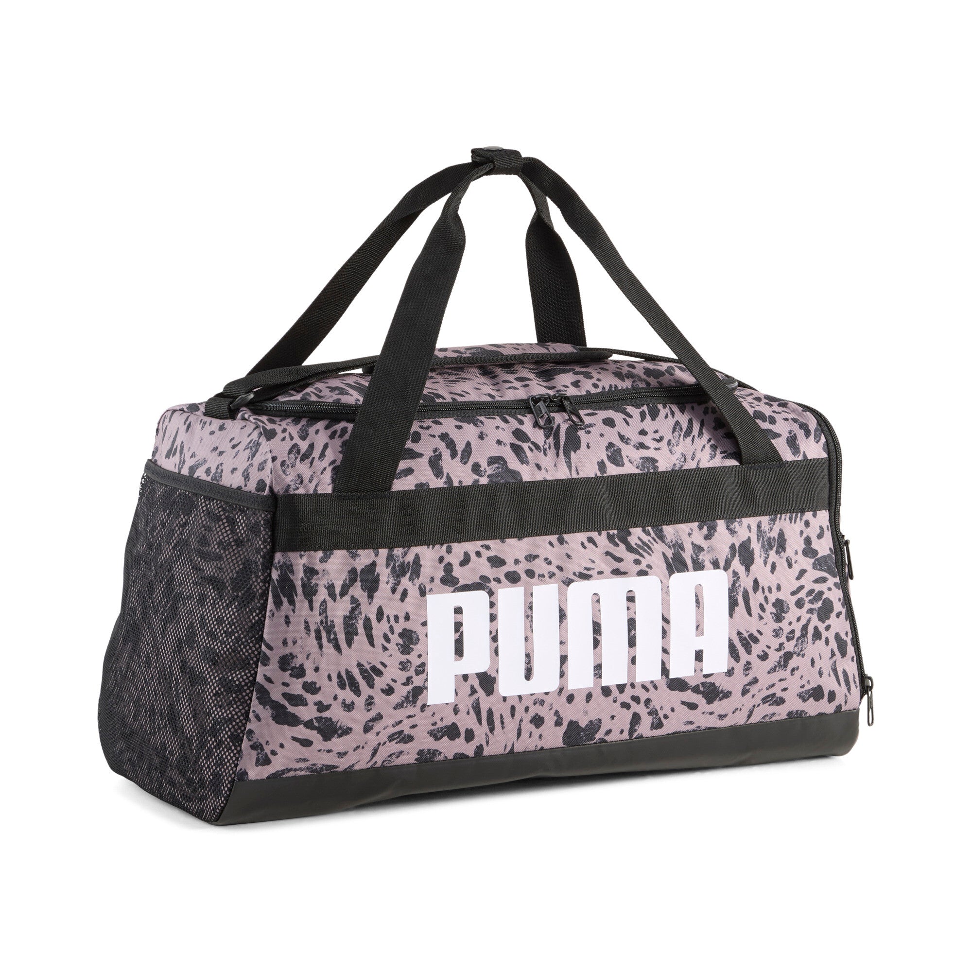 PUMA challenger all-over print 35L small sports bag in sandstone — front view