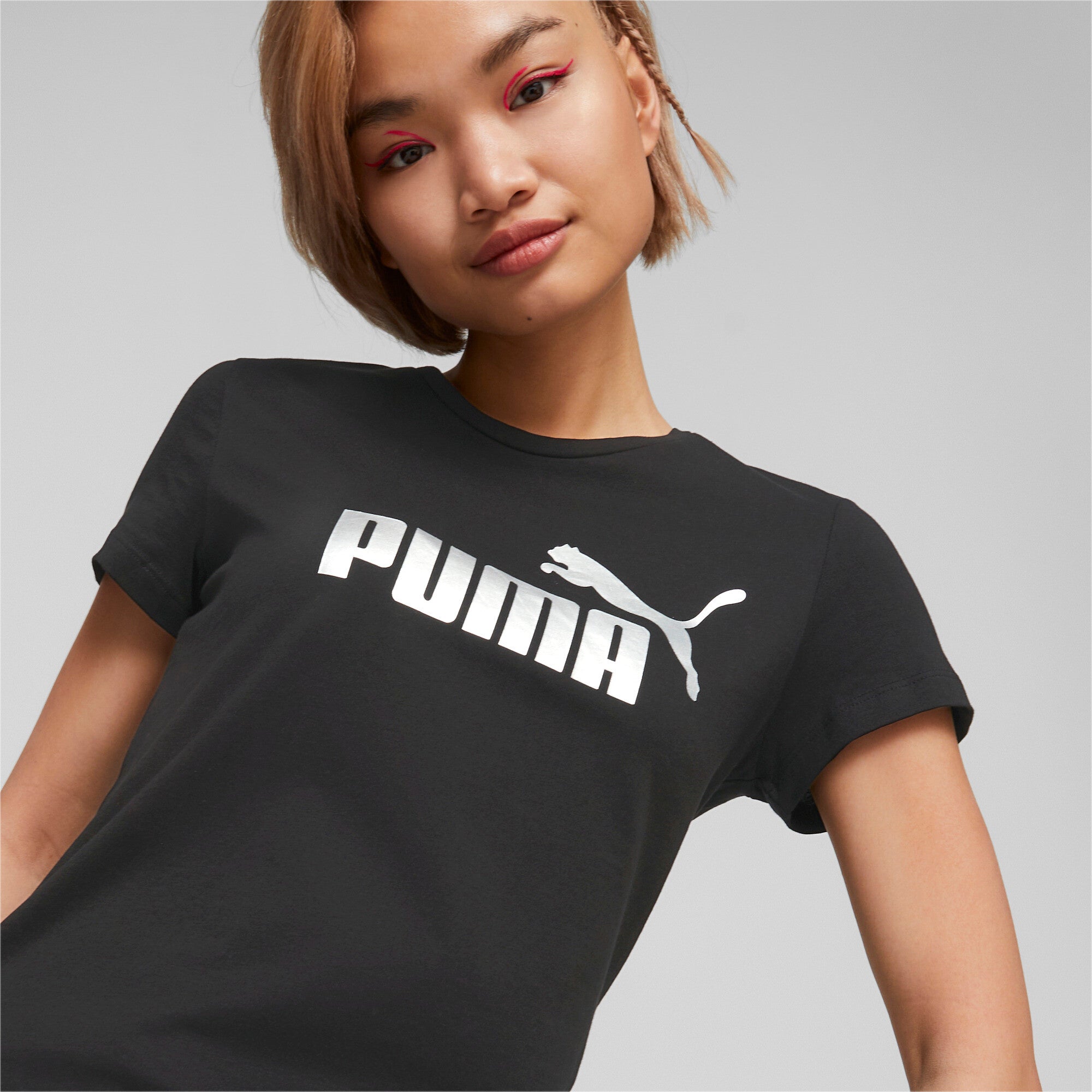 Puma essentials+ metallic logo tee in purple - Model Shot 01